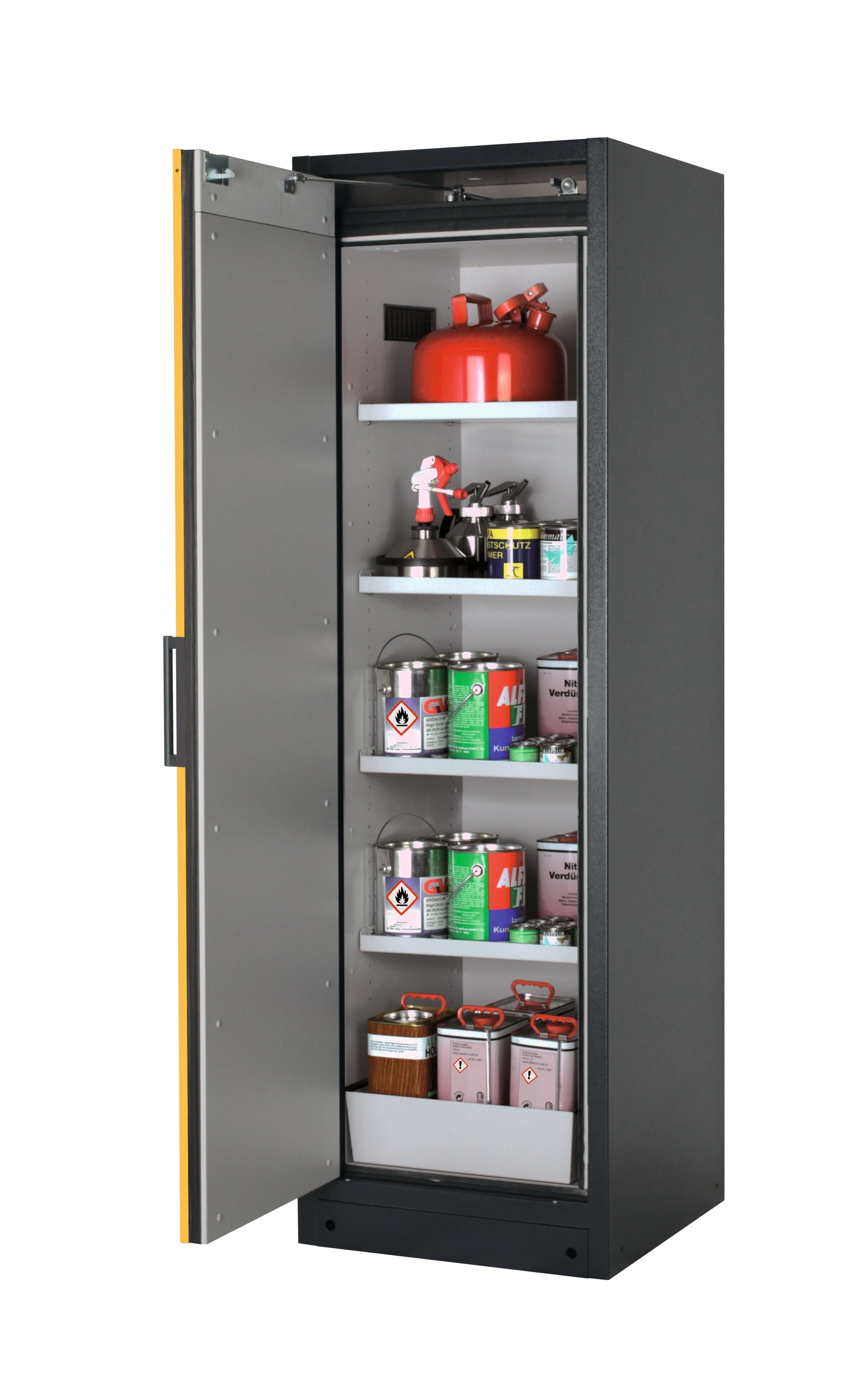 Type 90 safety storage cabinet Q-PEGASUS-90 model Q90.195.060.WDAC in warning yellow RAL 1004 with 4x shelf standard (sheet steel),