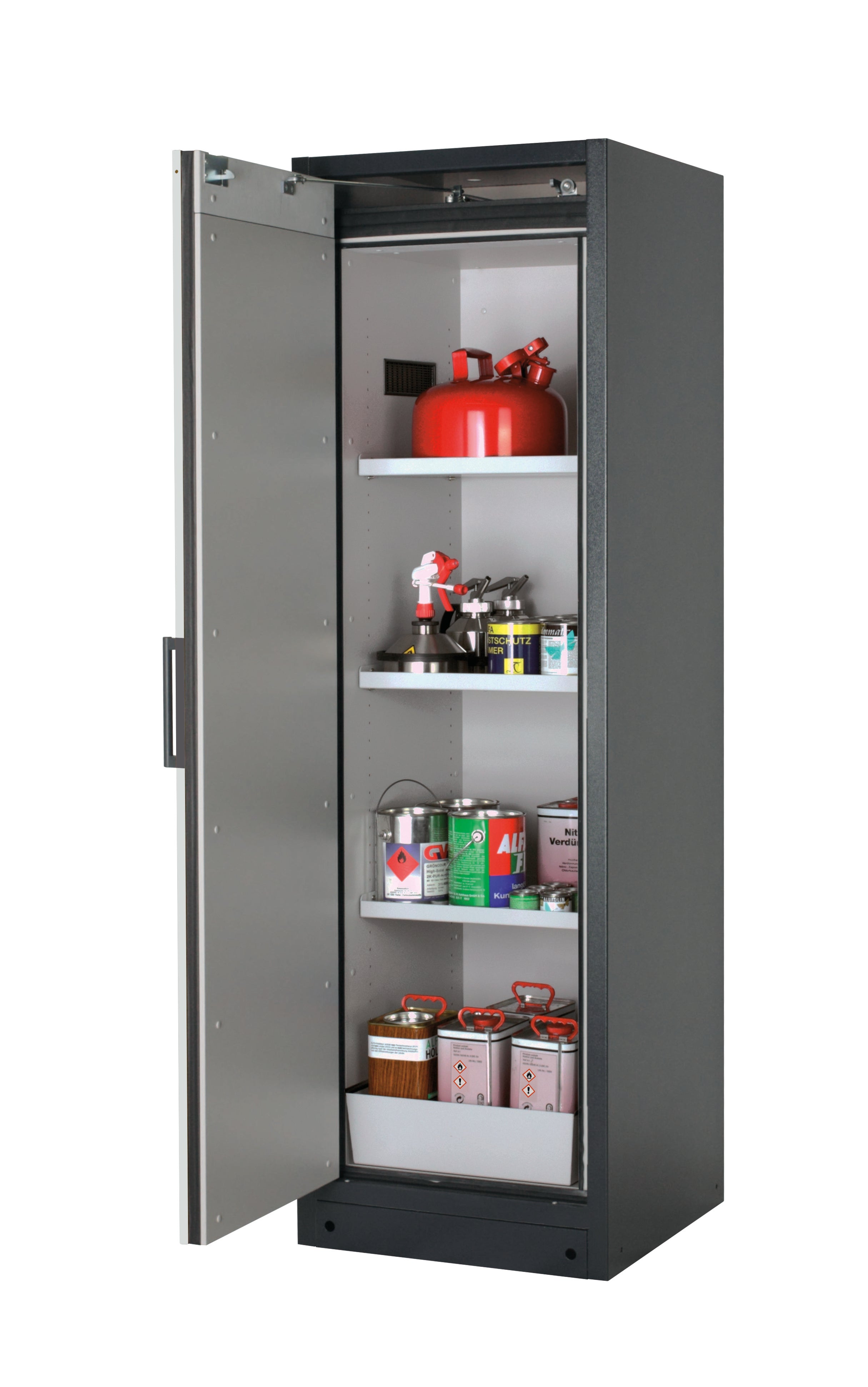 Type 90 safety storage cabinet Q-PEGASUS-90 model Q90.195.060.WDAC in light grey RAL 7035 with 3x shelf standard (sheet steel),