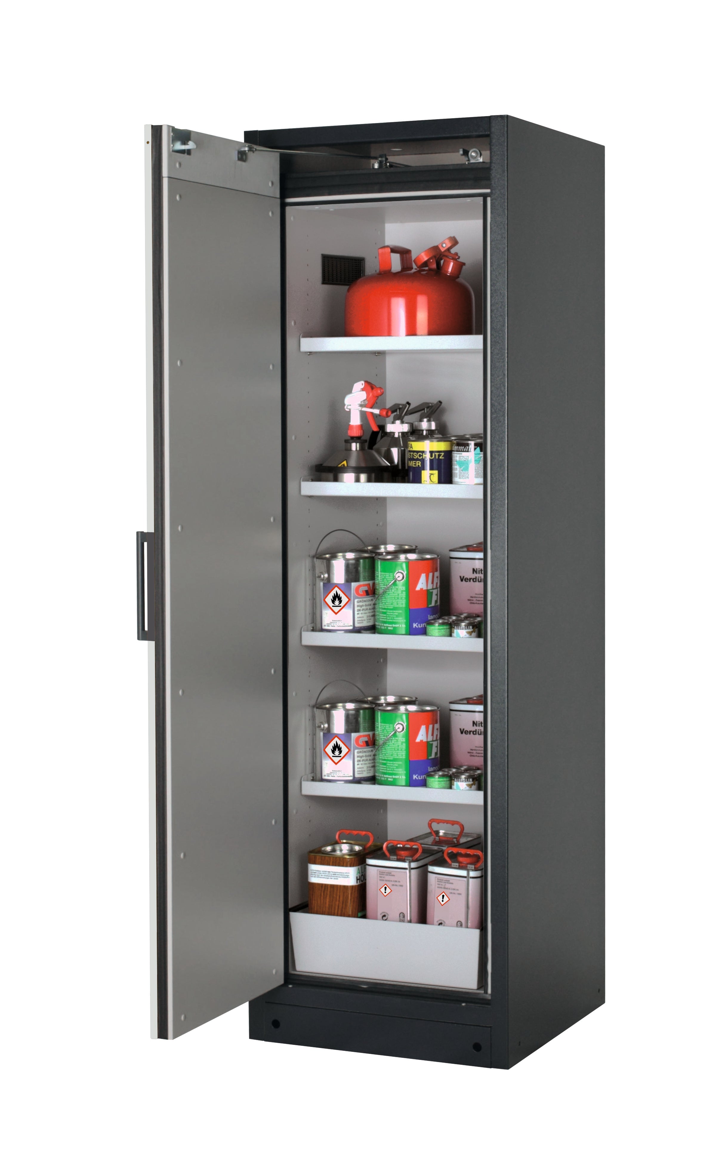 Type 90 safety storage cabinet Q-PEGASUS-90 model Q90.195.060.WDAC in light grey RAL 7035 with 4x shelf standard (sheet steel),