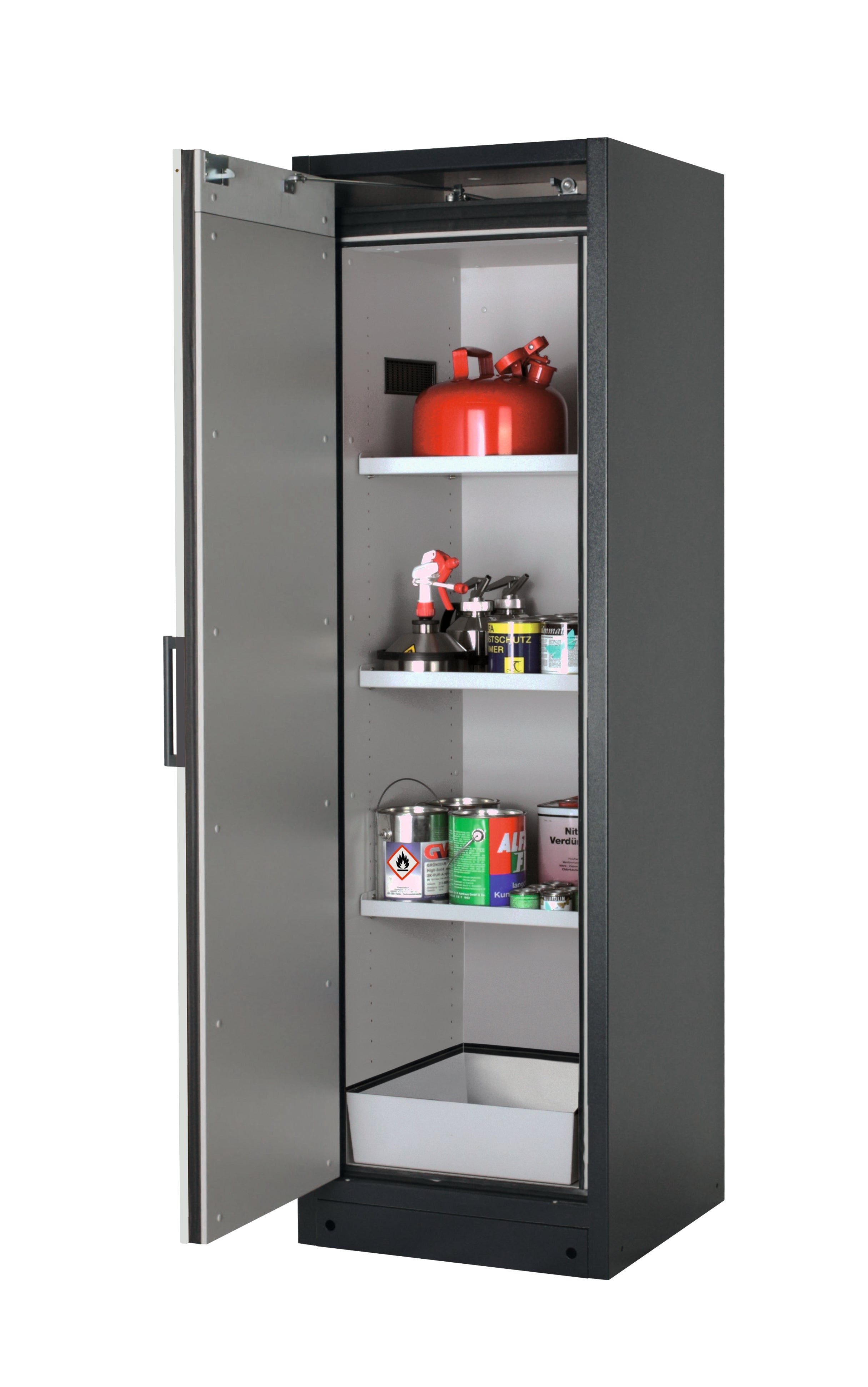 Type 90 safety storage cabinet Q-PEGASUS-90 model Q90.195.060.WDAC in light grey RAL 7035 with 3x shelf standard (sheet steel),