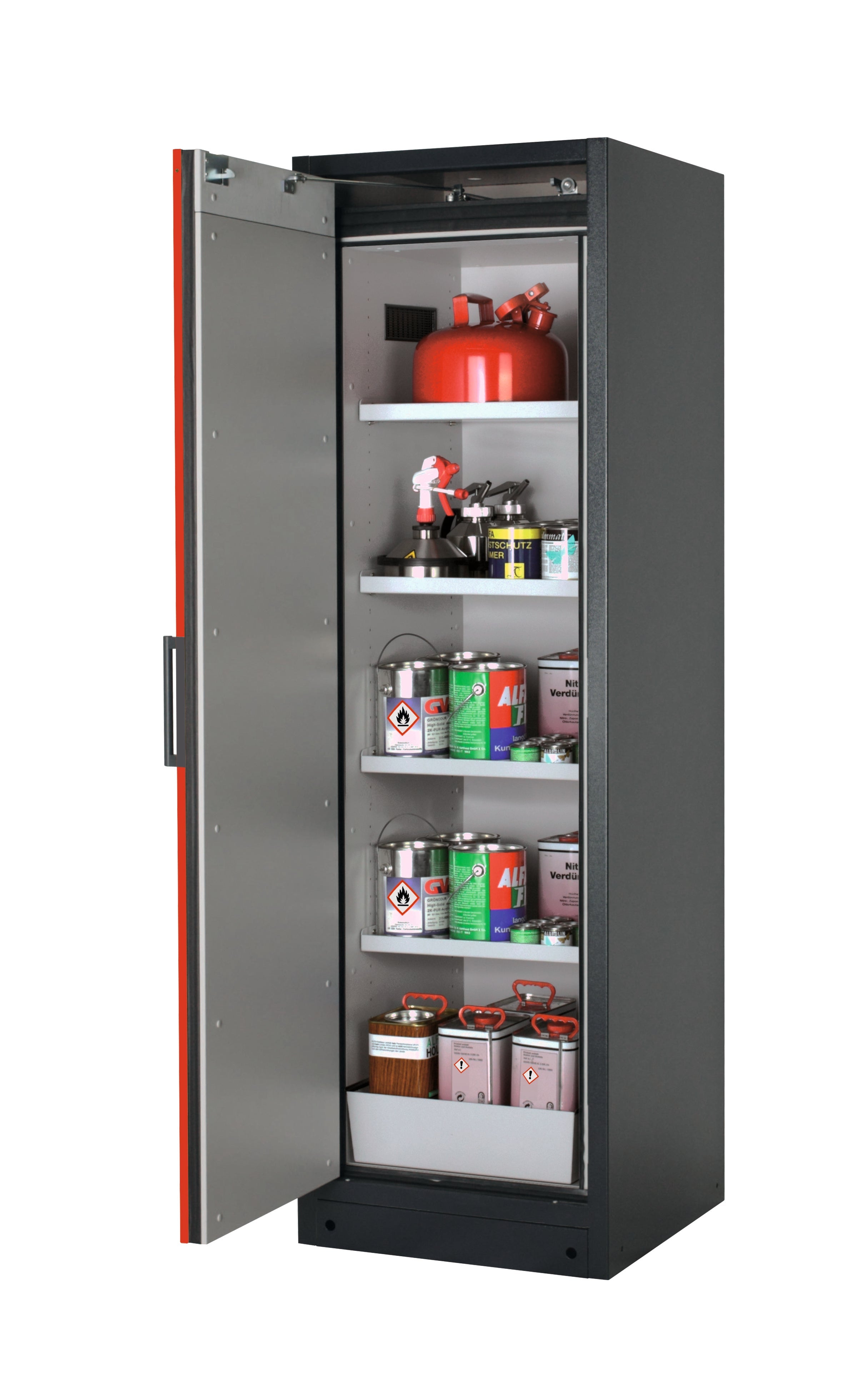 Type 90 safety storage cabinet Q-PEGASUS-90 model Q90.195.060.WDAC in traffic red RAL 3020 with 4x shelf standard (sheet steel),