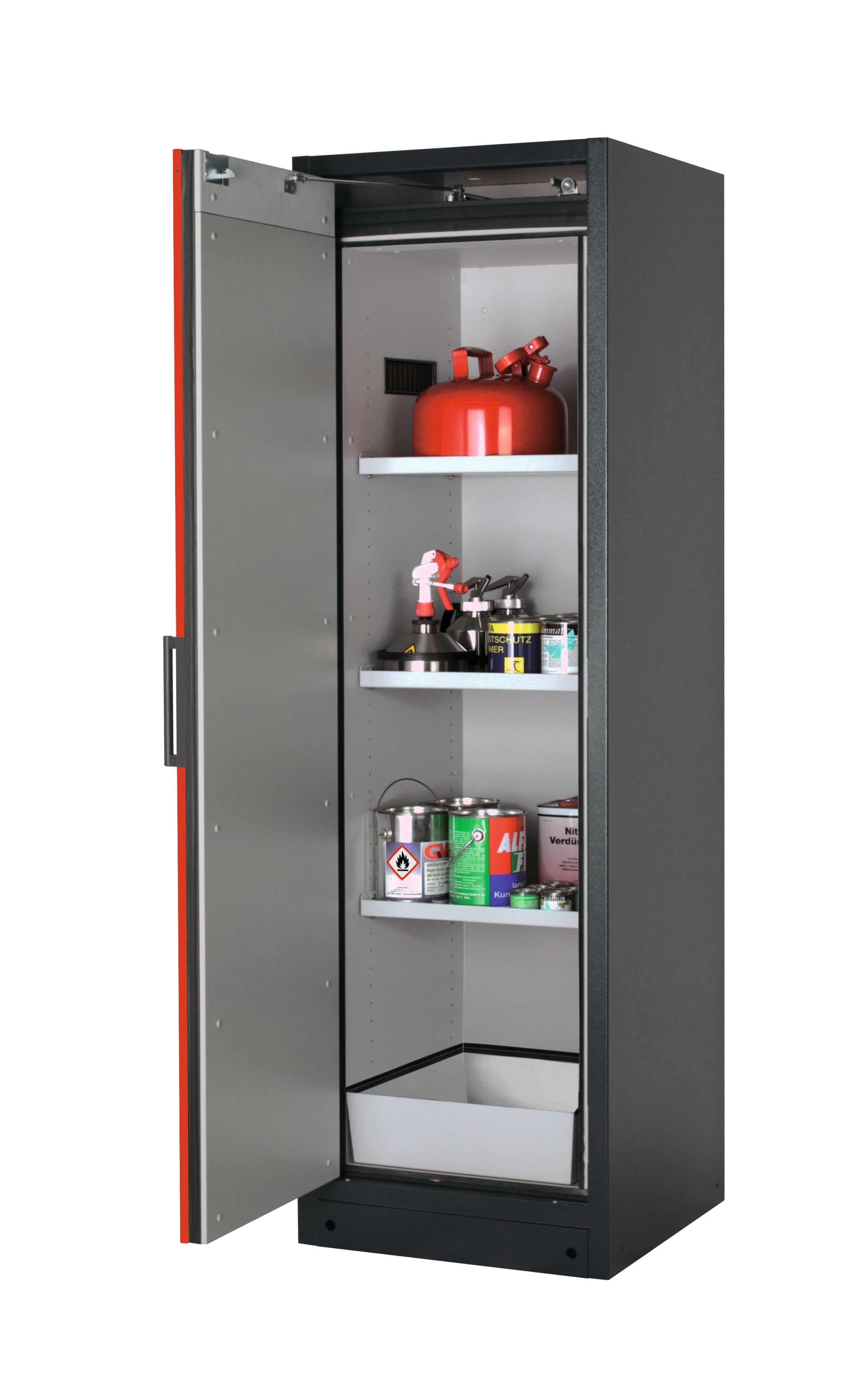 Type 90 safety storage cabinet Q-PEGASUS-90 model Q90.195.060.WDAC in traffic red RAL 3020 with 3x shelf standard (sheet steel),