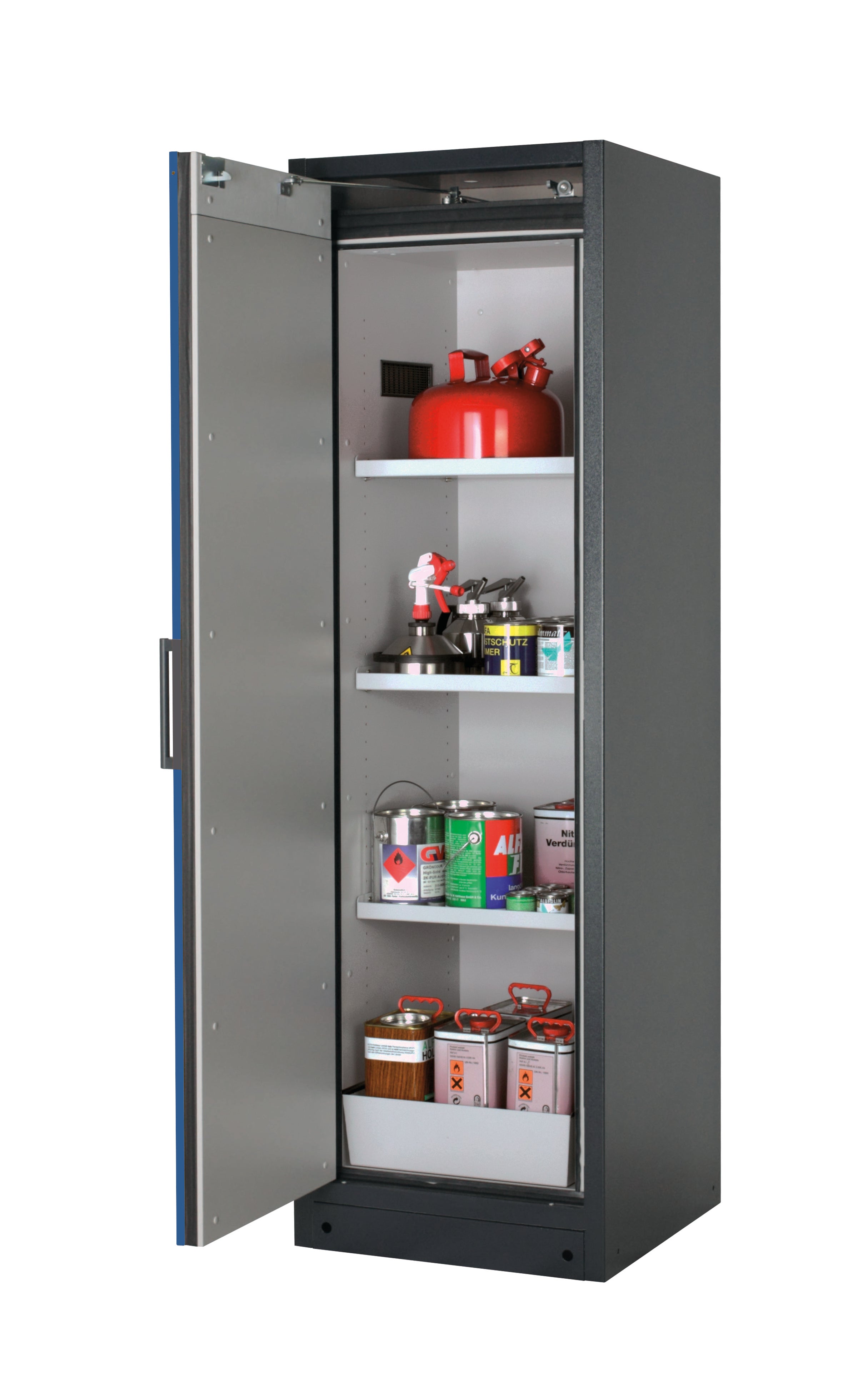 Type 90 safety storage cabinet Q-PEGASUS-90 model Q90.195.060.WDAC in gentian blue RAL 5010 with 3x shelf standard (sheet steel),