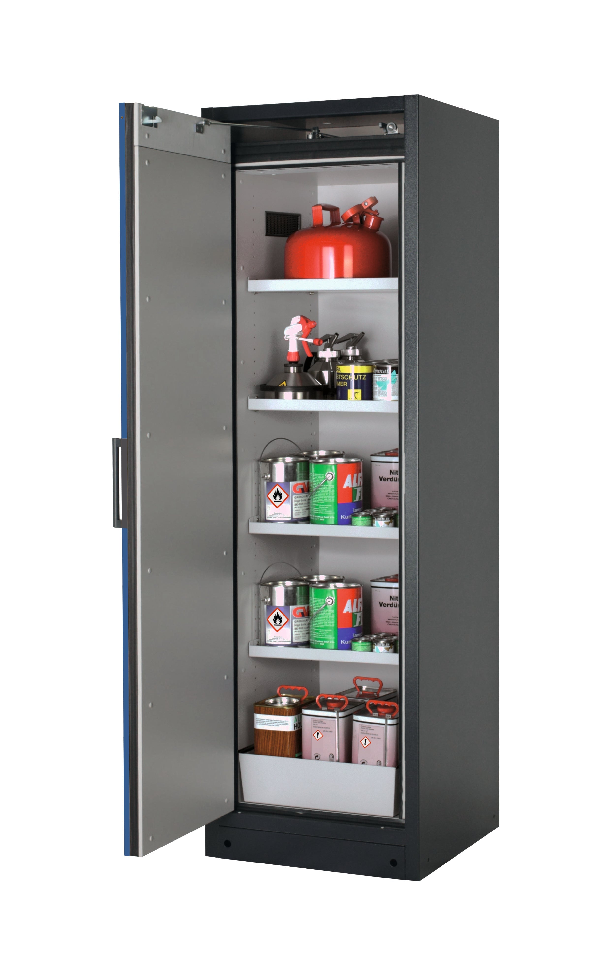 Type 90 safety storage cabinet Q-PEGASUS-90 model Q90.195.060.WDAC in gentian blue RAL 5010 with 4x shelf standard (sheet steel),
