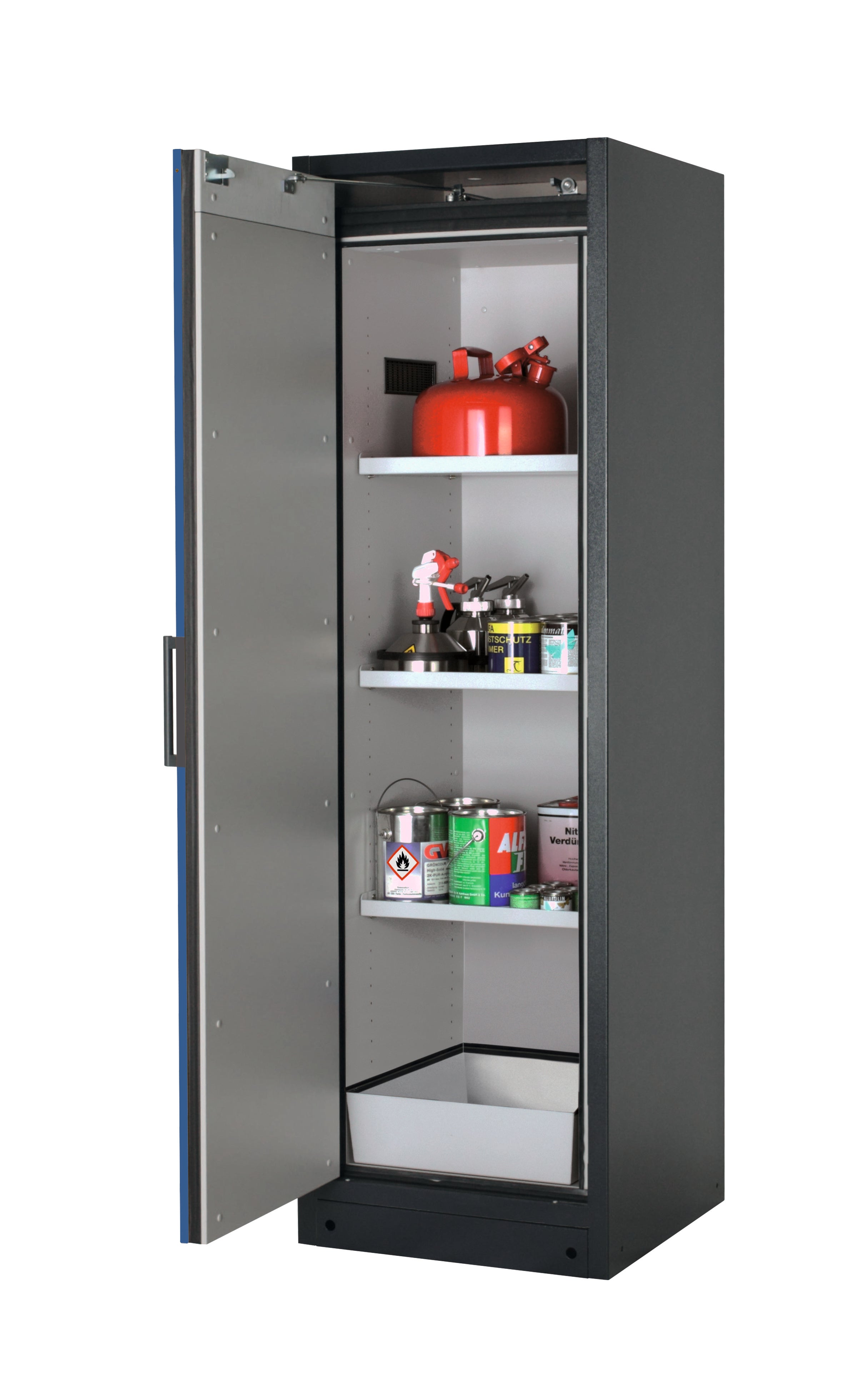 Type 90 safety storage cabinet Q-PEGASUS-90 model Q90.195.060.WDAC in gentian blue RAL 5010 with 3x shelf standard (sheet steel),