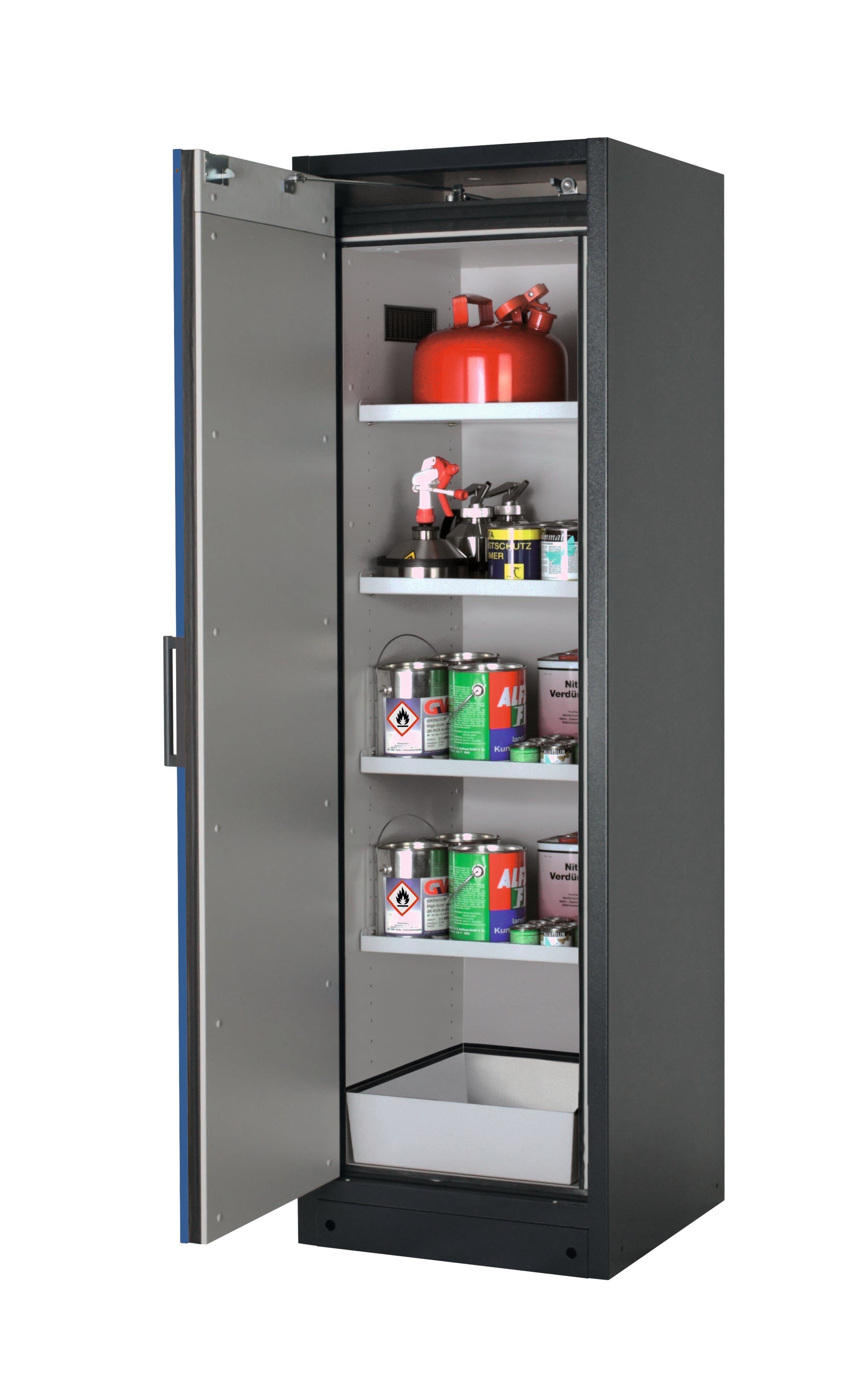 Type 90 safety storage cabinet Q-PEGASUS-90 model Q90.195.060.WDAC in gentian blue RAL 5010 with 4x shelf standard (sheet steel),
