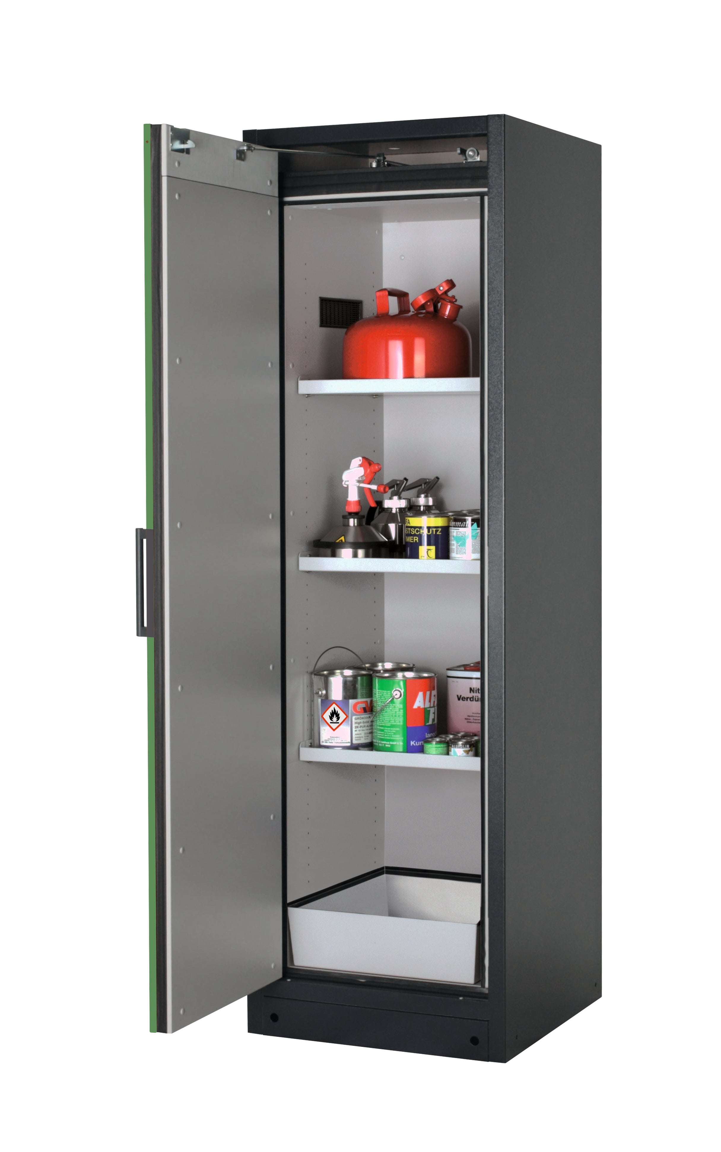 Type 90 safety storage cabinet Q-PEGASUS-90 model Q90.195.060.WDAC in reseda green RAL 6011 with 3x shelf standard (sheet steel),