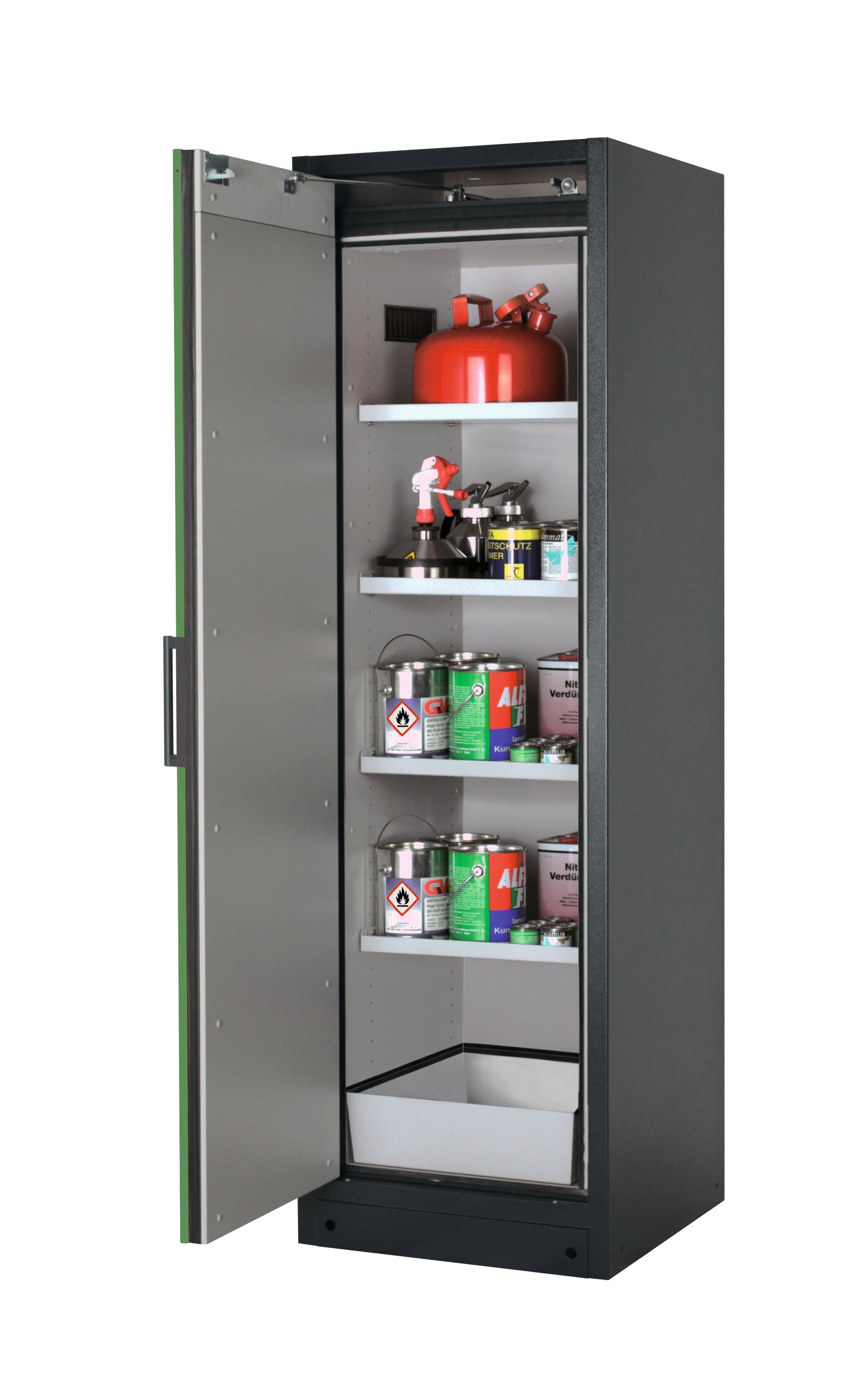 Type 90 safety storage cabinet Q-PEGASUS-90 model Q90.195.060.WDAC in reseda green RAL 6011 with 4x shelf standard (sheet steel),