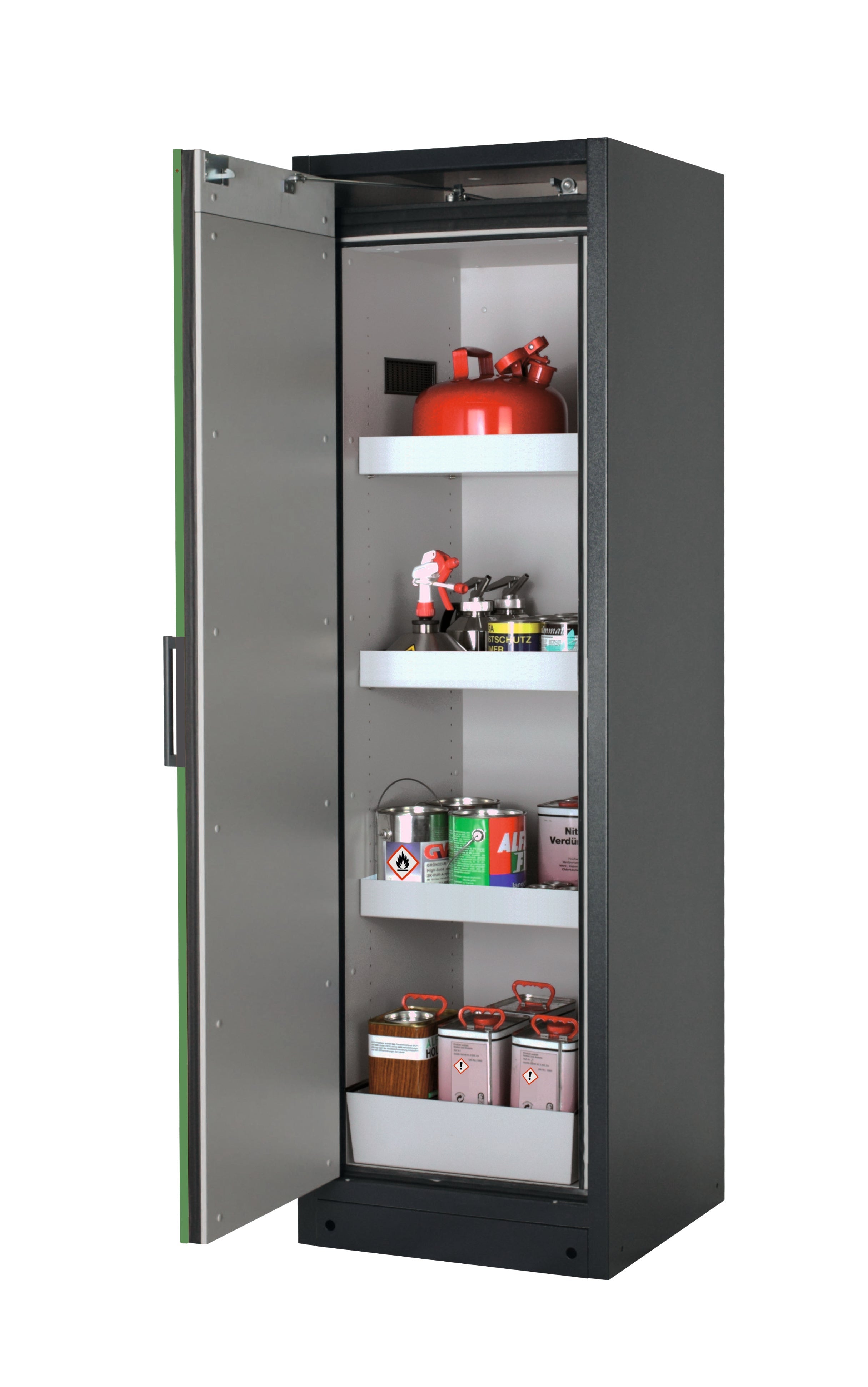 Type 90 safety storage cabinet Q-PEGASUS-90 model Q90.195.060.WDAC in reseda green RAL 6011 with 3x tray shelf (standard) (sheet steel),