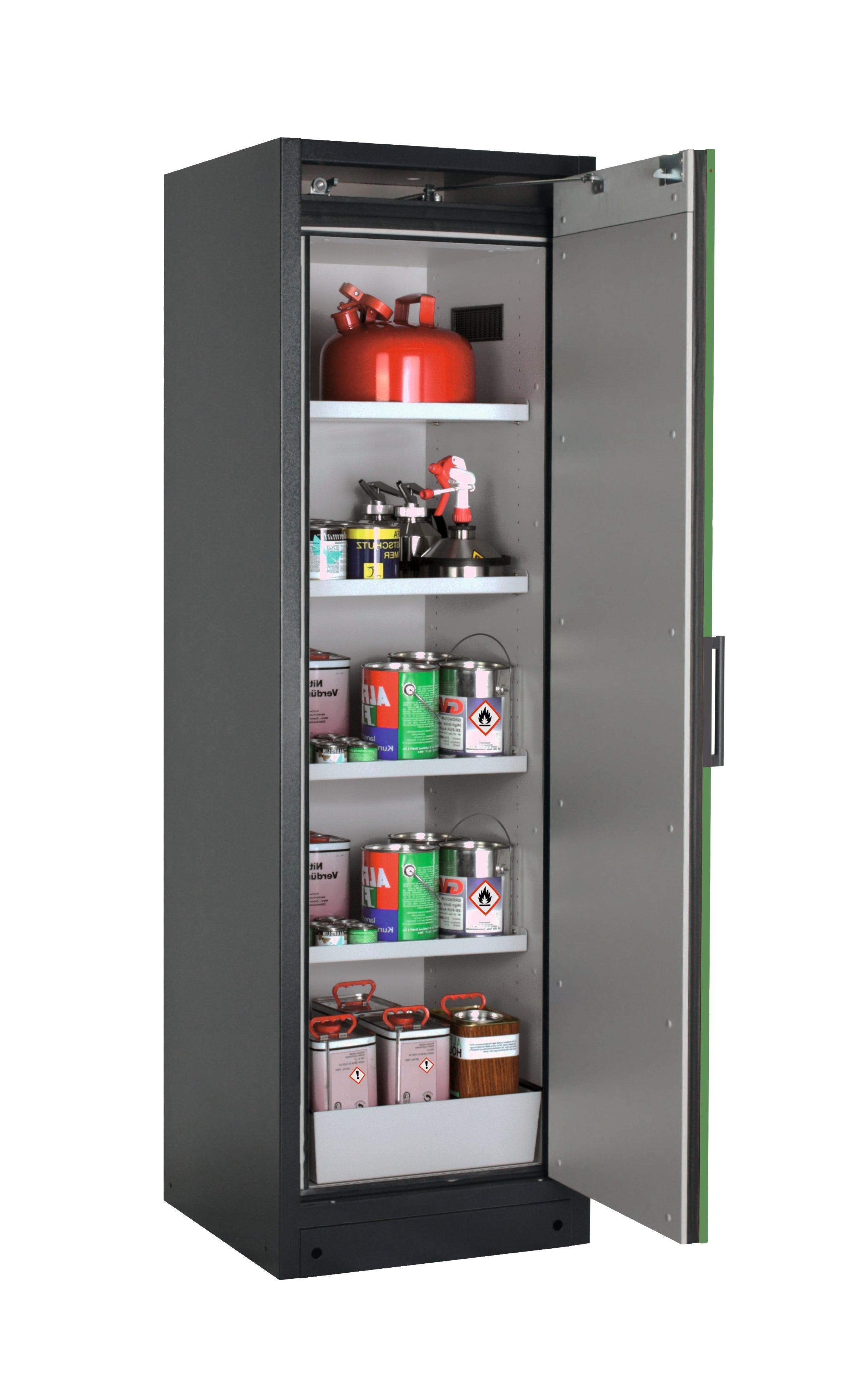 Type 90 safety storage cabinet Q-PEGASUS-90 model Q90.195.060.WDACR in reseda green RAL 6011 with 4x shelf standard (sheet steel),