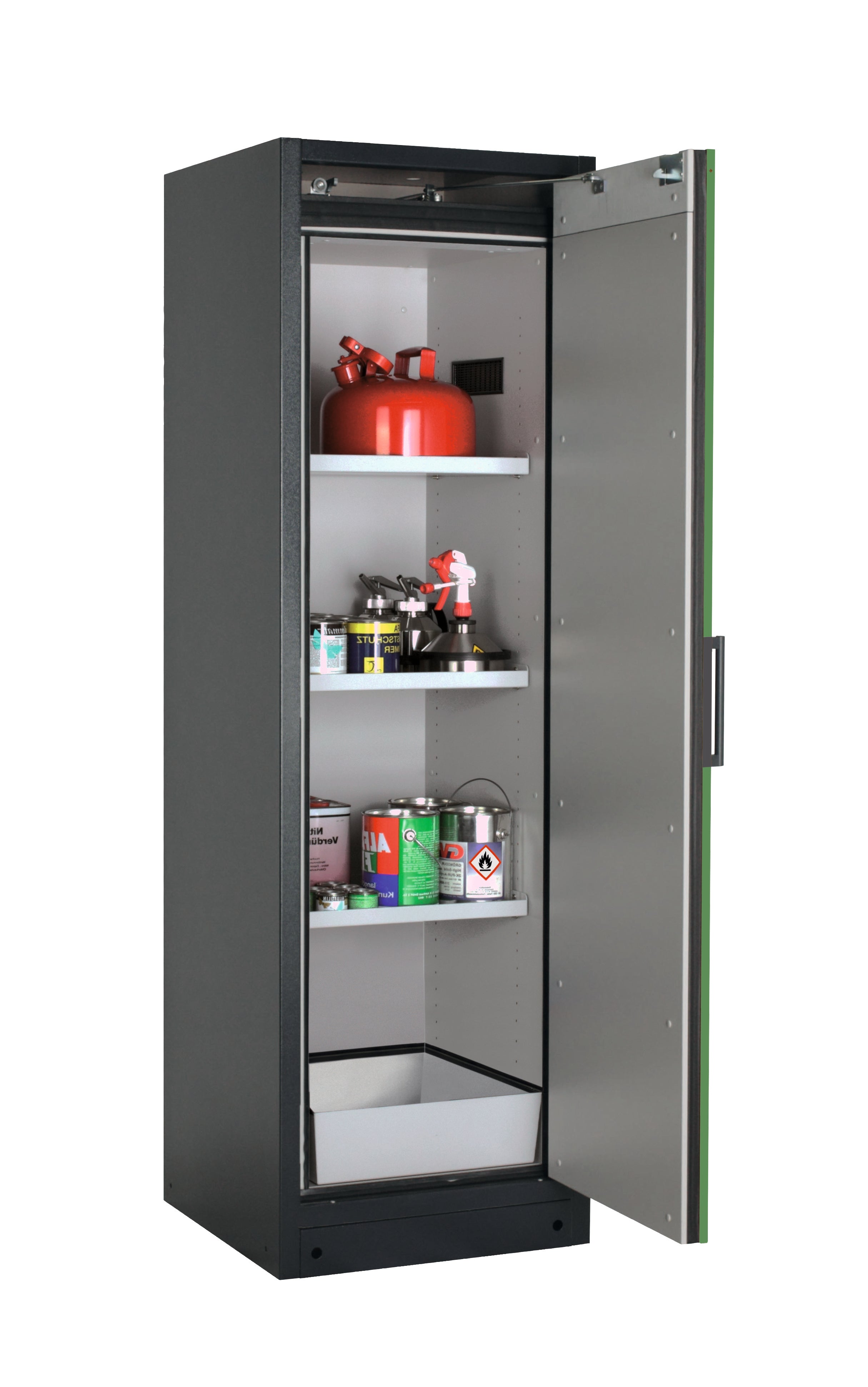 Type 90 safety storage cabinet Q-PEGASUS-90 model Q90.195.060.WDACR in reseda green RAL 6011 with 3x shelf standard (sheet steel),