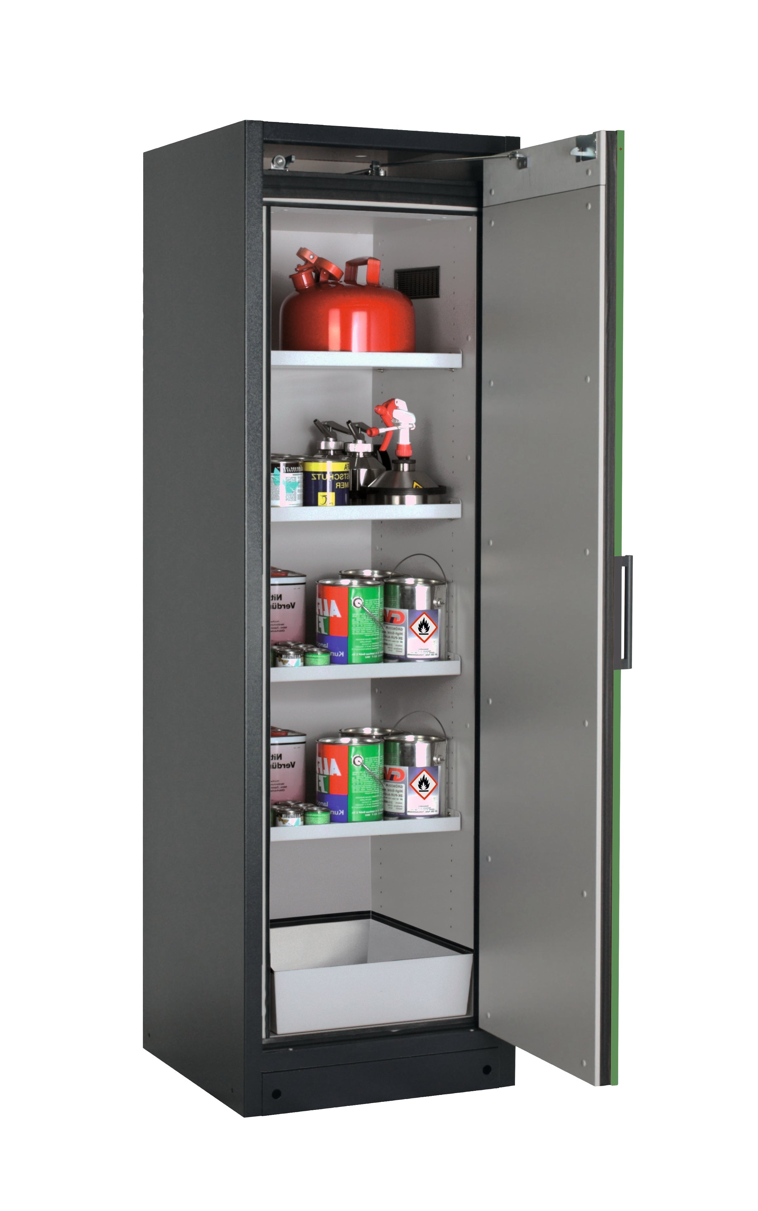 Type 90 safety storage cabinet Q-PEGASUS-90 model Q90.195.060.WDACR in reseda green RAL 6011 with 4x shelf standard (sheet steel),