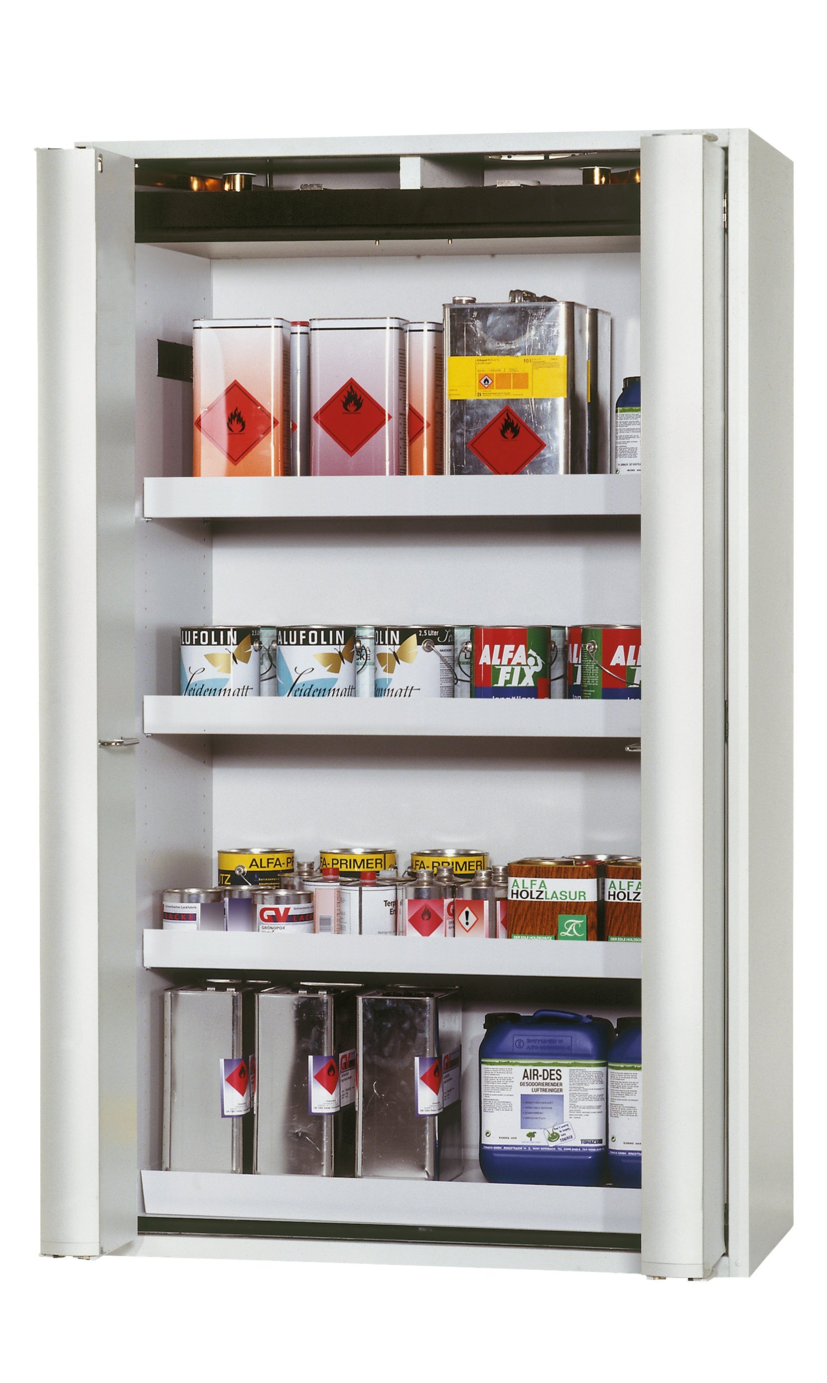 Type 90 safety storage cabinet S-PHOENIX-90 model S90.196.120.FDAS in light grey RAL 7035 with 3x tray shelf (standard) (sheet steel),