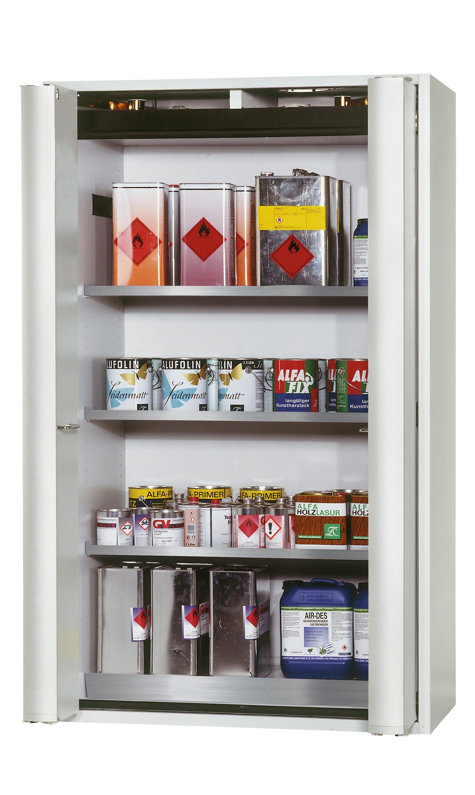 Type 90 safety storage cabinet S-PHOENIX-90 model S90.196.120.FDAS in light grey RAL 7035 with 3x shelf standard (stainless steel 1.4301),