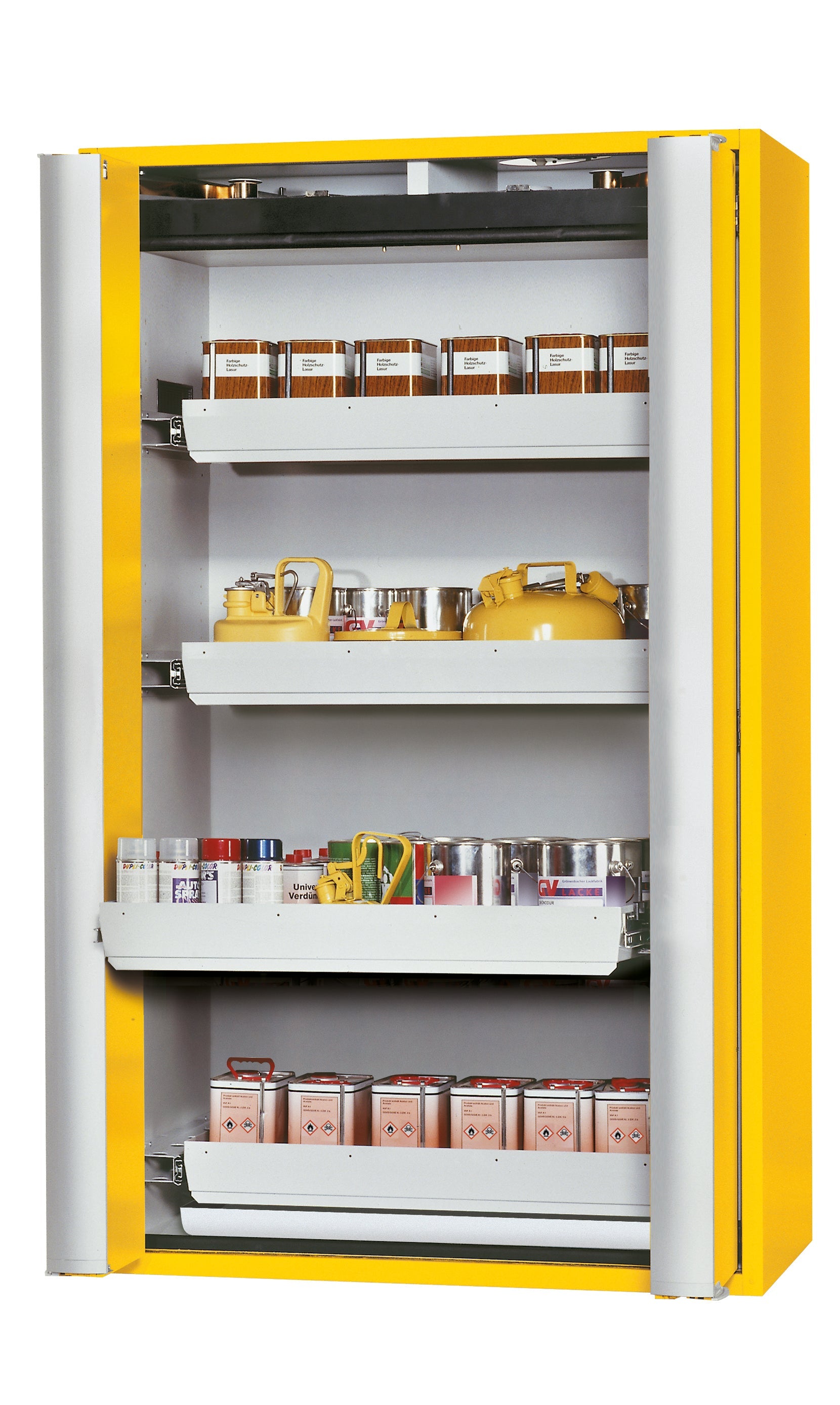 Type 90 safety storage cabinet S-PHOENIX-90 model S90.196.120.FDAS in warning yellow RAL 1004 with 4x drawer (standard) (sheet steel),