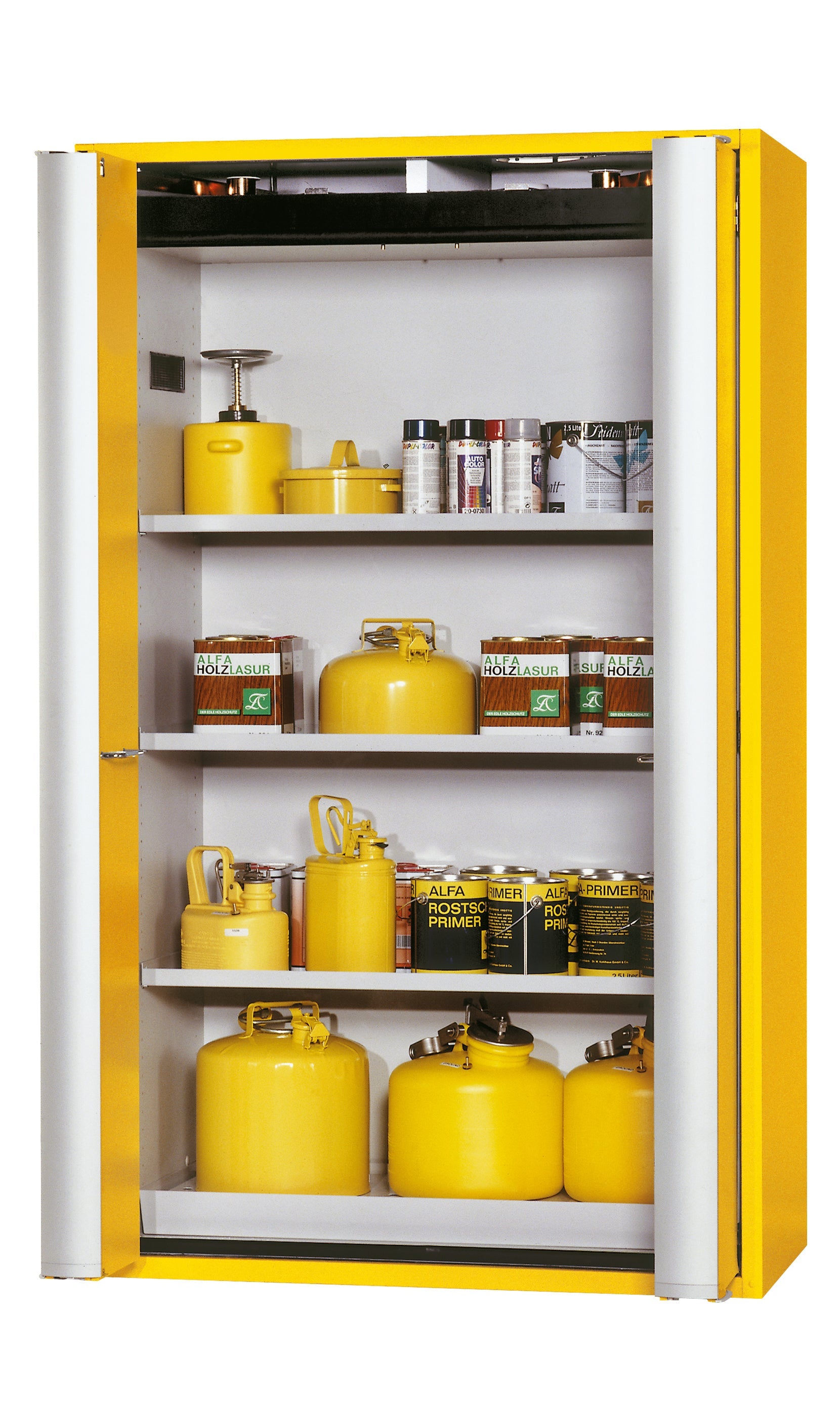 Type 90 safety storage cabinet S-PHOENIX-90 model S90.196.120.FDAS in warning yellow RAL 1004 with 3x shelf standard (sheet steel),