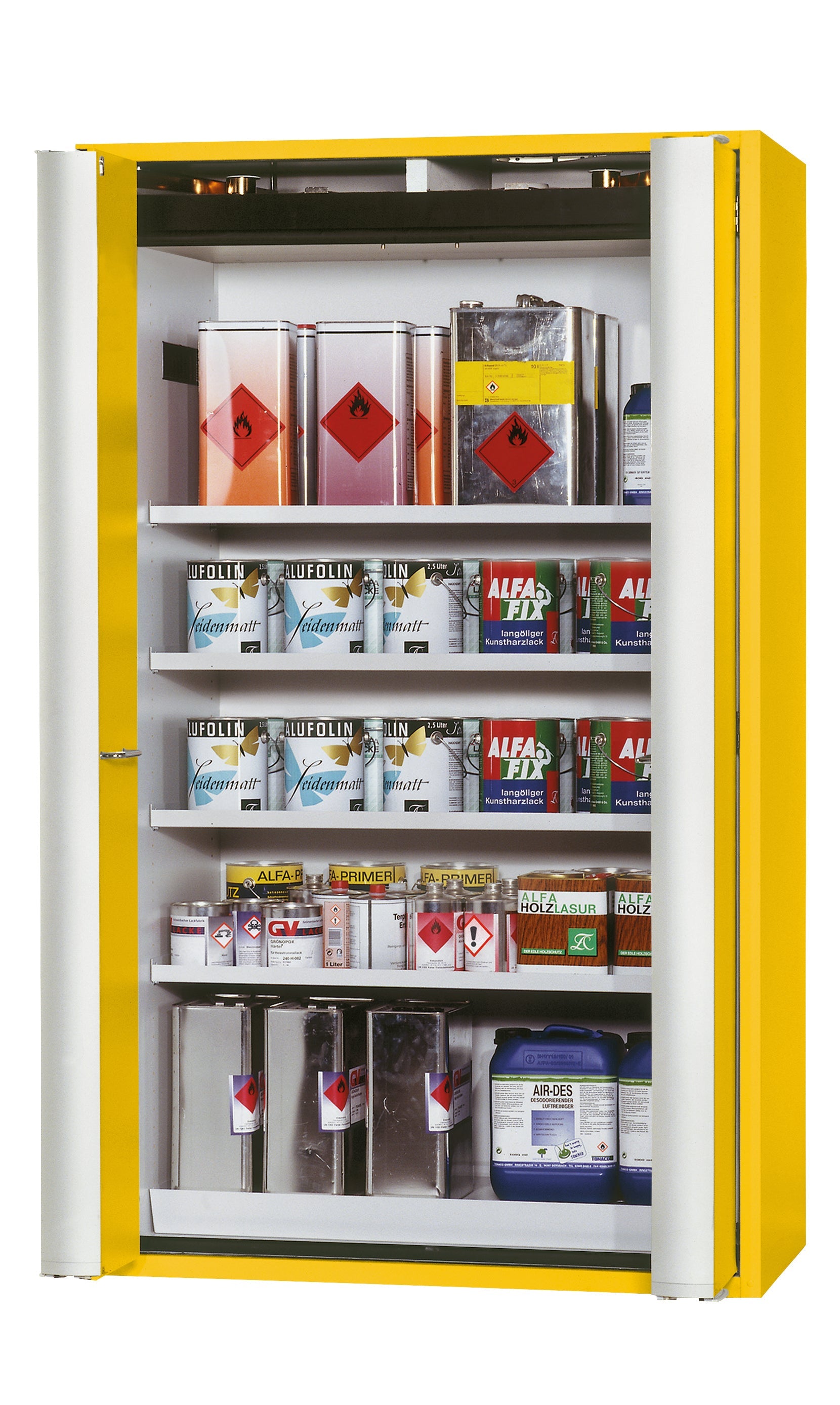 Type 90 safety storage cabinet S-PHOENIX-90 model S90.196.120.FDAS in warning yellow RAL 1004 with 4x shelf standard (sheet steel),