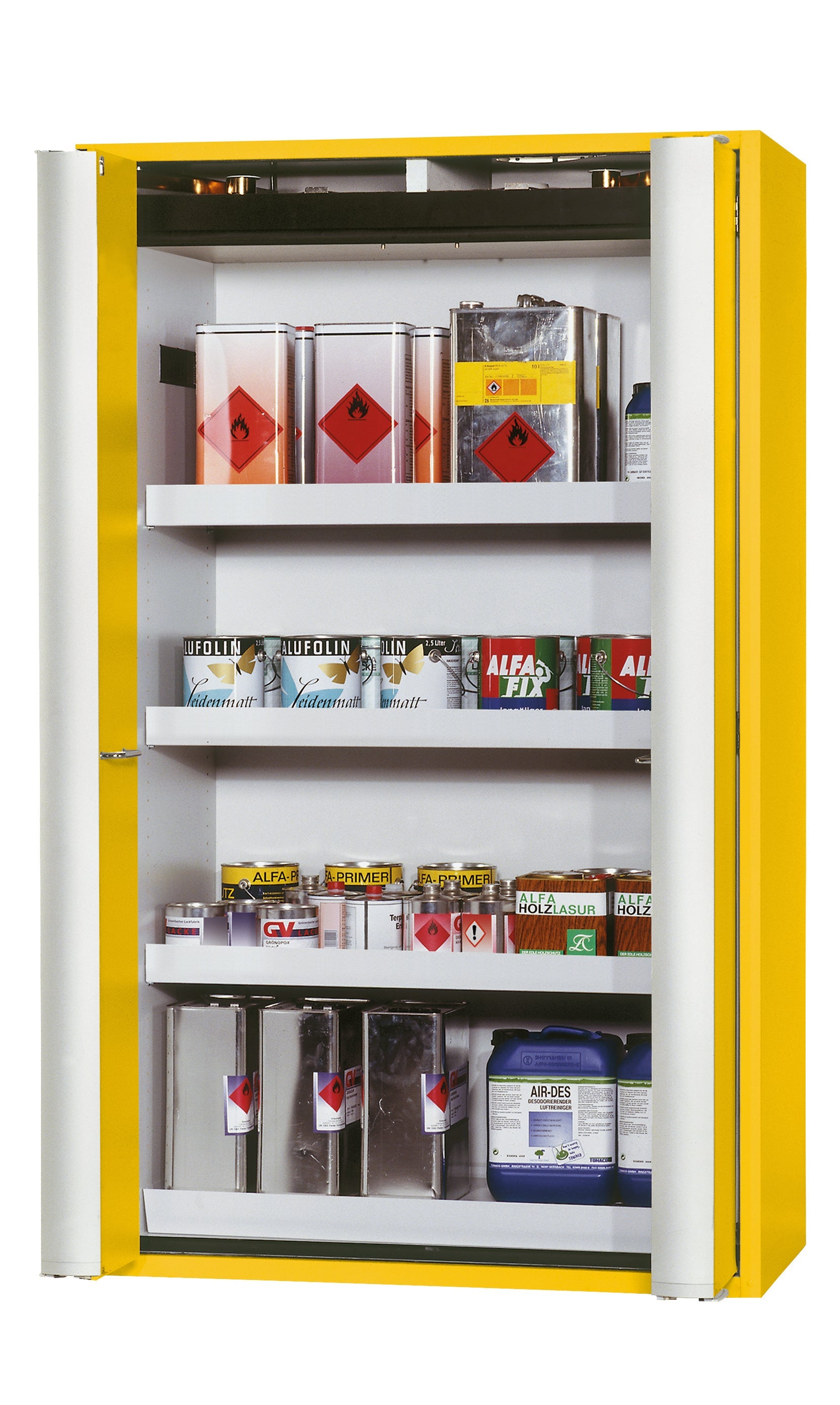 Type 90 safety storage cabinet S-PHOENIX-90 model S90.196.120.FDAS in warning yellow RAL 1004 with 3x tray shelf (standard) (sheet steel),