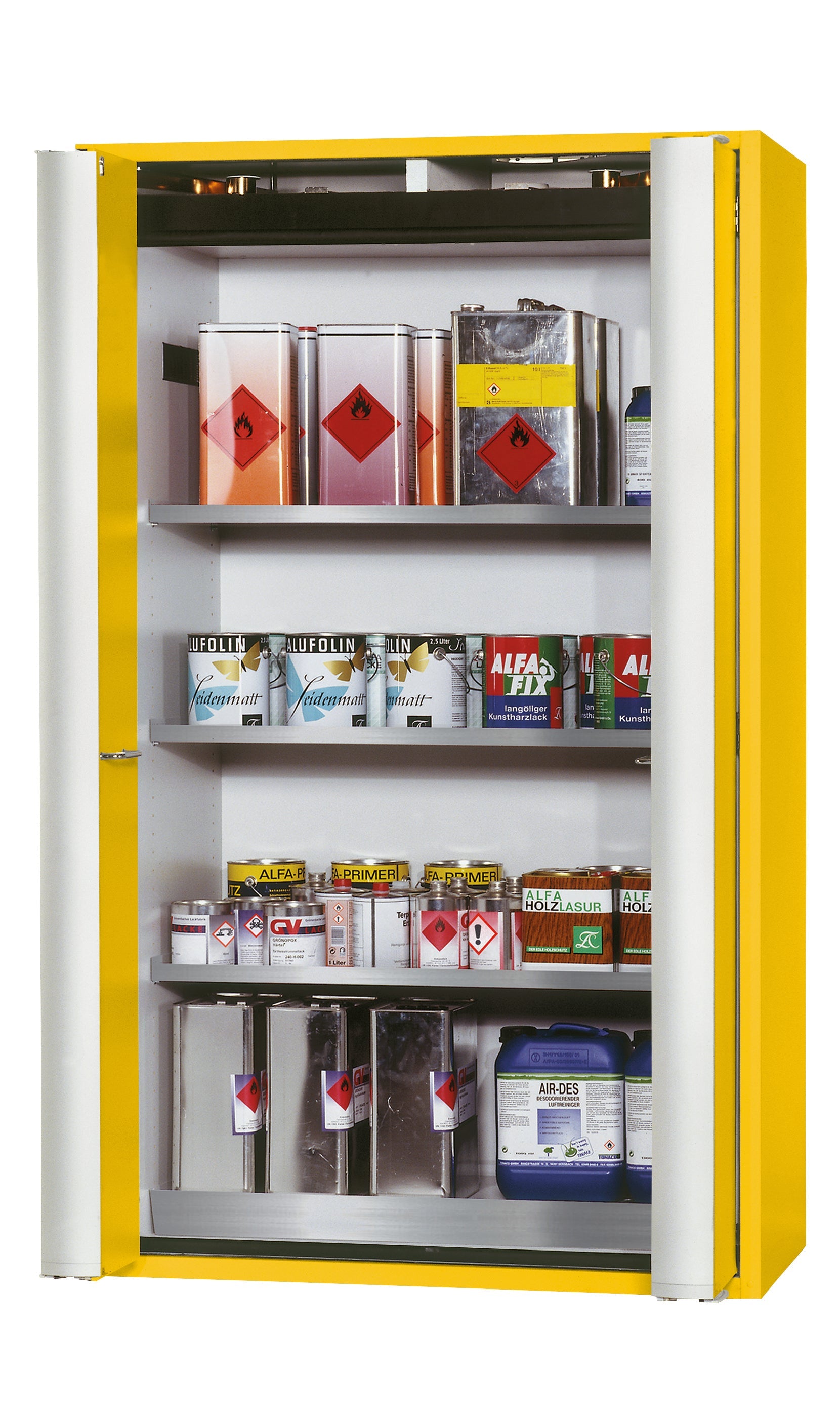 Type 90 safety storage cabinet S-PHOENIX-90 model S90.196.120.FDAS in warning yellow RAL 1004 with 3x shelf standard (stainless steel 1.4301),