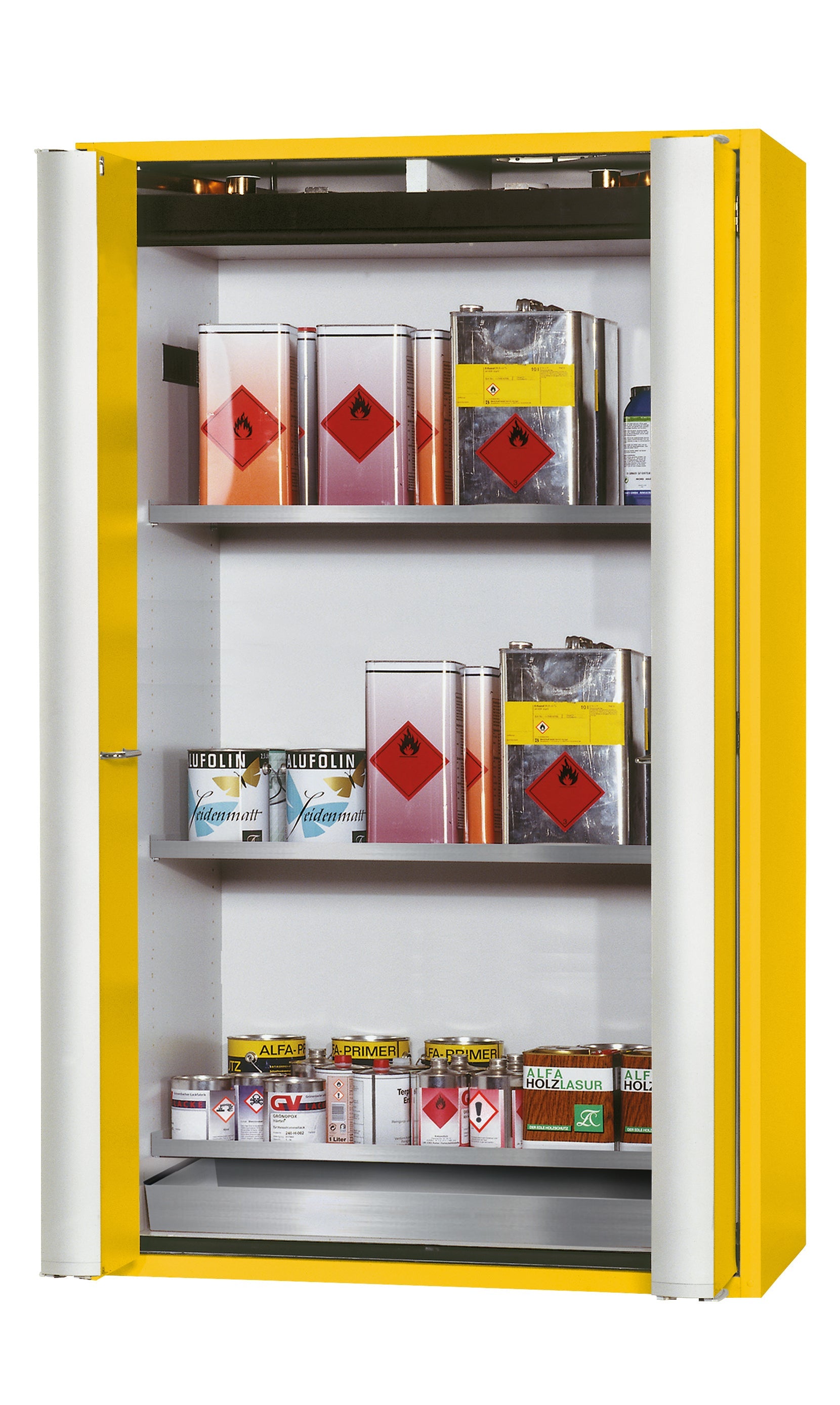 Type 90 safety storage cabinet S-PHOENIX-90 model S90.196.120.FDAS in warning yellow RAL 1004 with 3x shelf standard (stainless steel 1.4301),