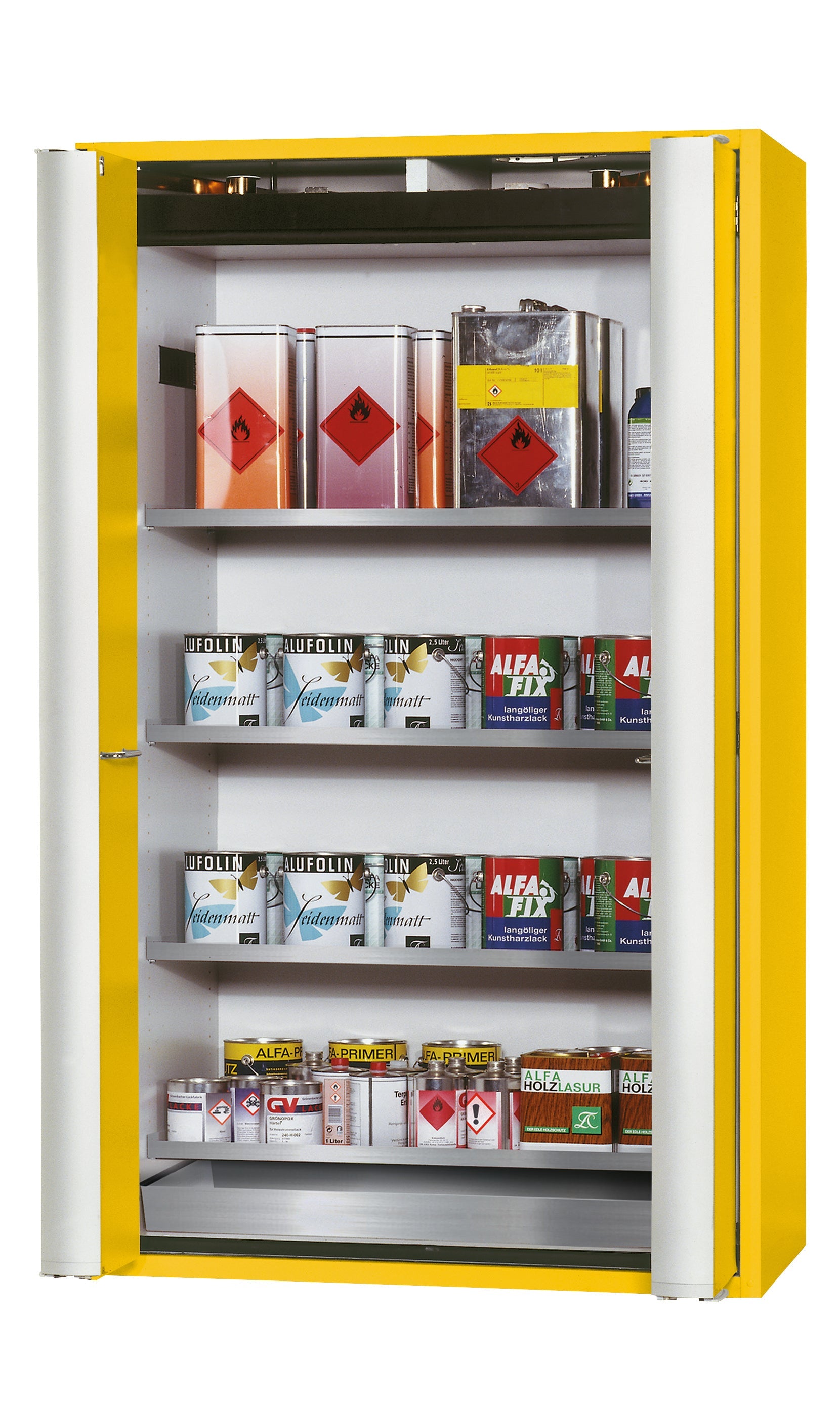 Type 90 safety storage cabinet S-PHOENIX-90 model S90.196.120.FDAS in warning yellow RAL 1004 with 4x shelf standard (stainless steel 1.4301),