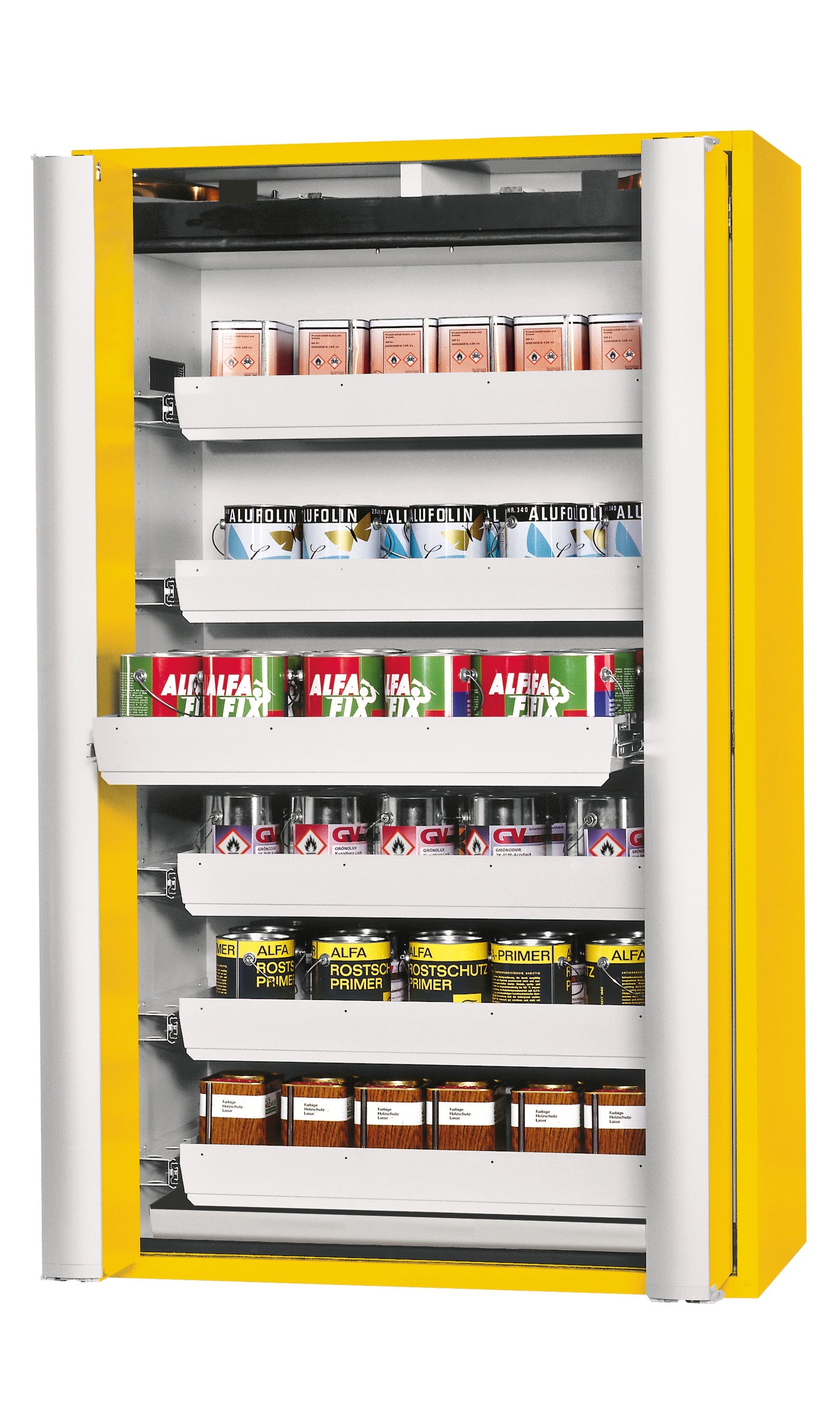 Type 90 safety storage cabinet S-PHOENIX-90 model S90.196.120.FDAS in warning yellow RAL 1004 with 6x drawer (standard) (sheet steel),