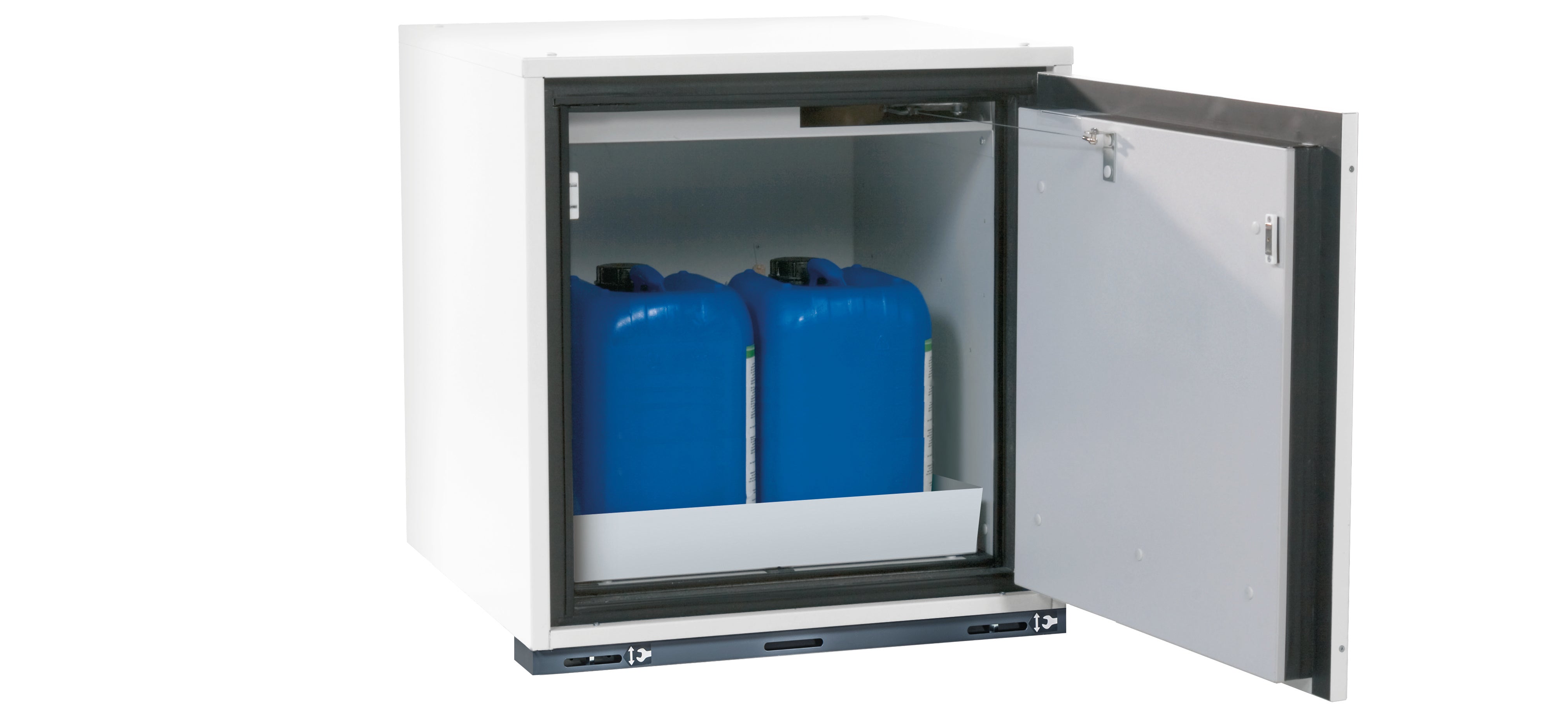 Type 90 safety base cabinet UB-T-90 model UB90.060.059.TR in laboratory white (similar to RAL 9016) with 1x perforated plate insert standard (sheet steel)