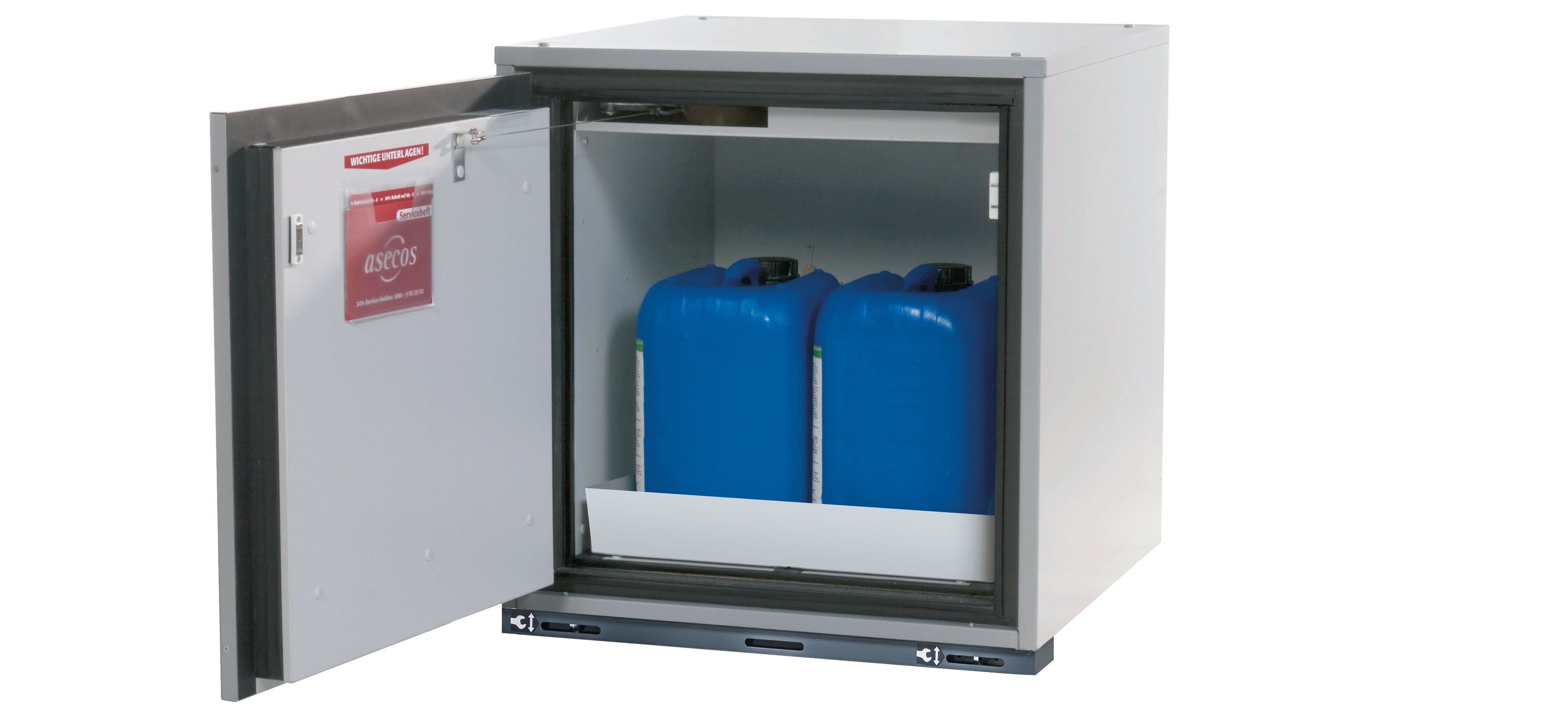 Type 90 safety base cabinet UB-T-90 model UB90.060.059.050.T in light gray RAL 7035 with 1x perforated sheet insert standard (sheet steel)