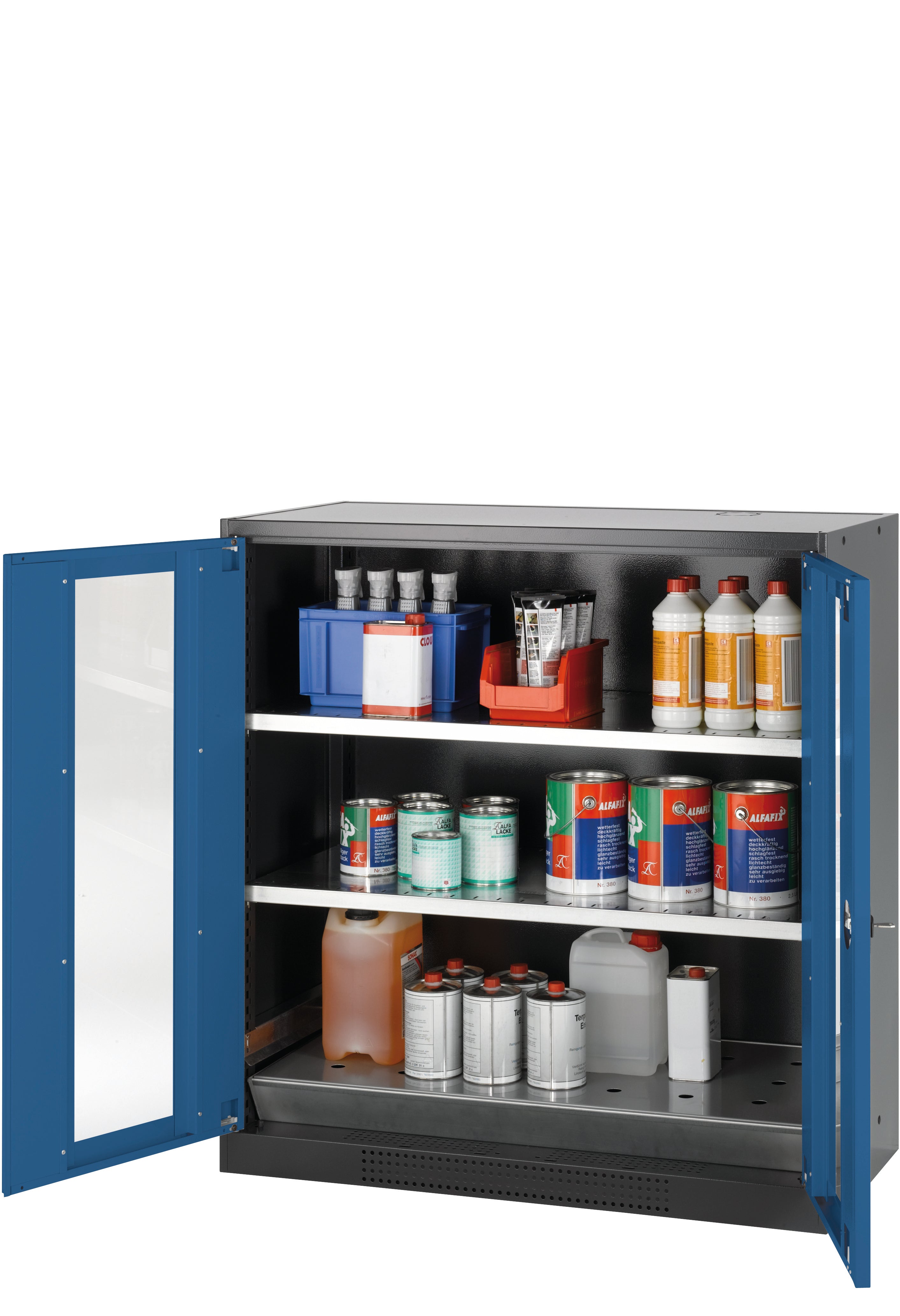 Chemical cabinet CS-CLASSIC-G model CS.110.105.WDFW in gentian blue RAL 5010 with 2x standard shelves (sheet steel)