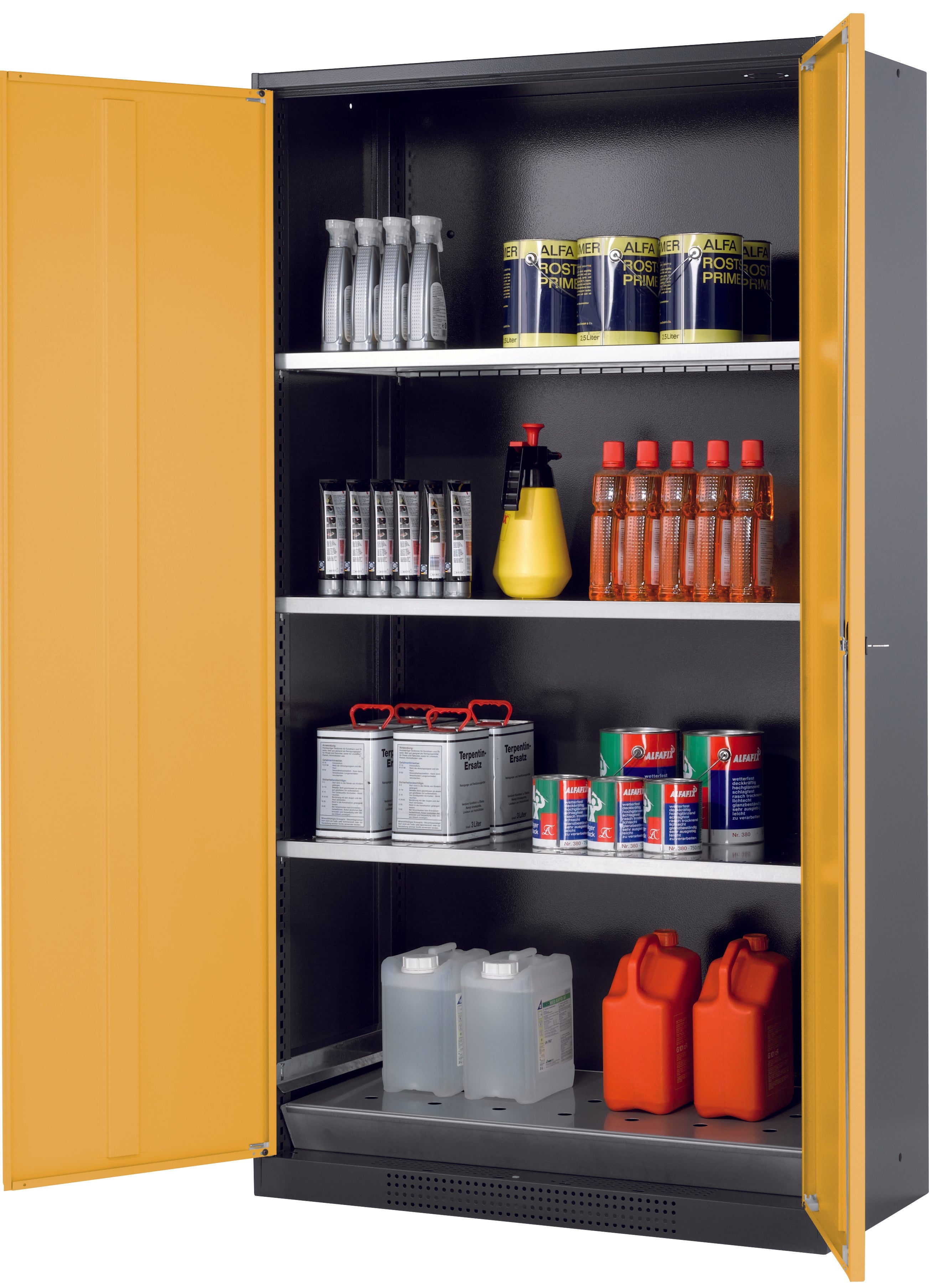 Chemical cabinet CS-CLASSIC model CS.195.105 in safety yellow RAL 1004 with 3x standard shelves (sheet steel)