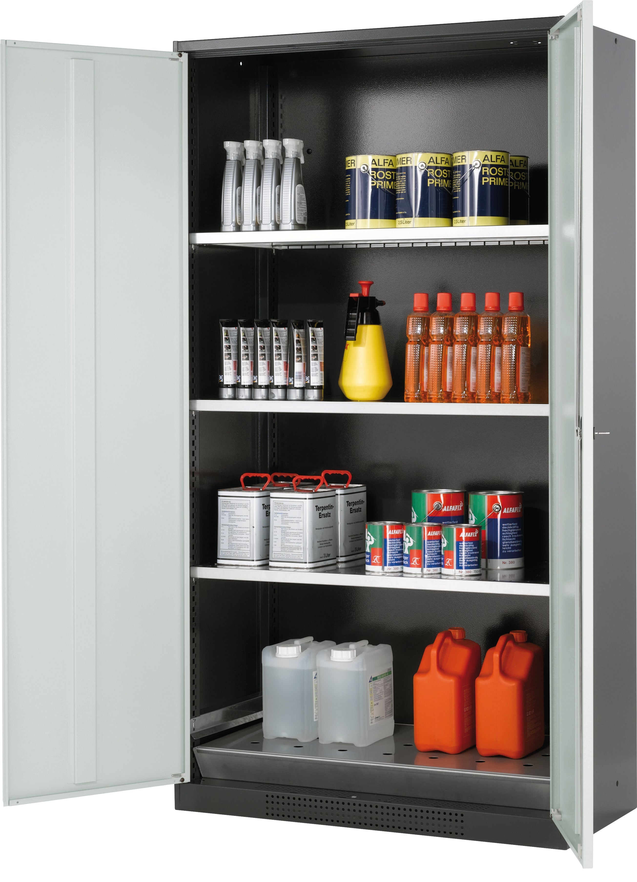 Chemical cabinet CS-CLASSIC model CS.195.105 in light gray RAL 7035 with 3x standard shelves (sheet steel)