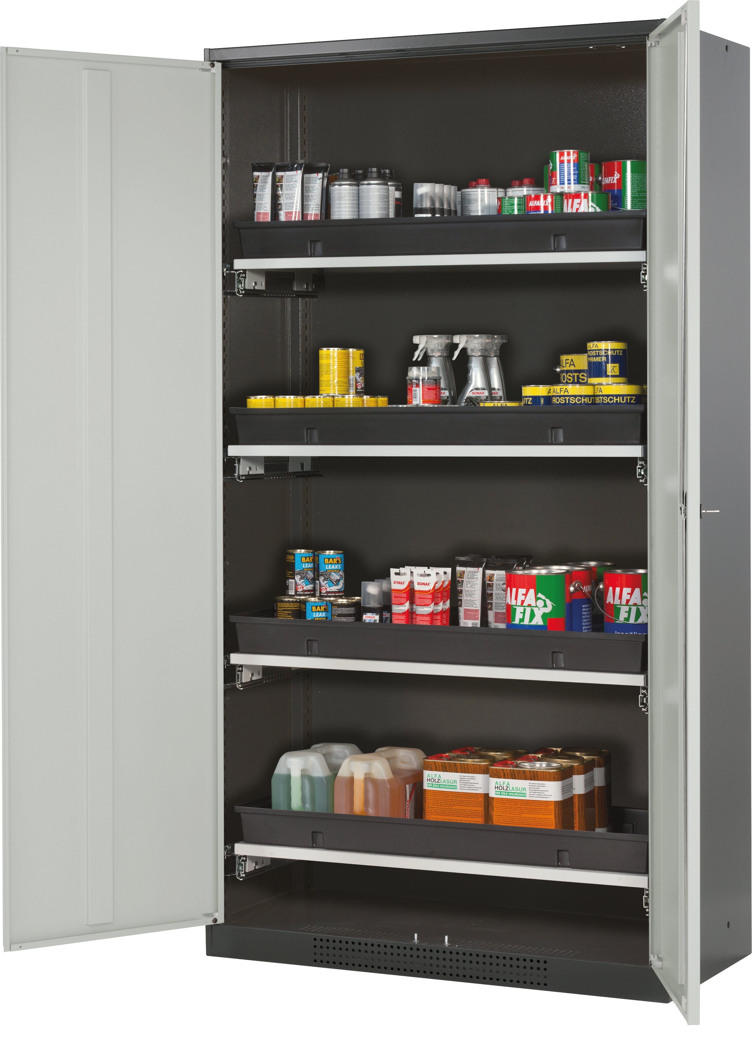 Chemical cabinet CS-CLASSIC model CS.195.105 in light gray RAL 7035 with 4x AbZ pull-out shelves (sheet steel/polypropylene)