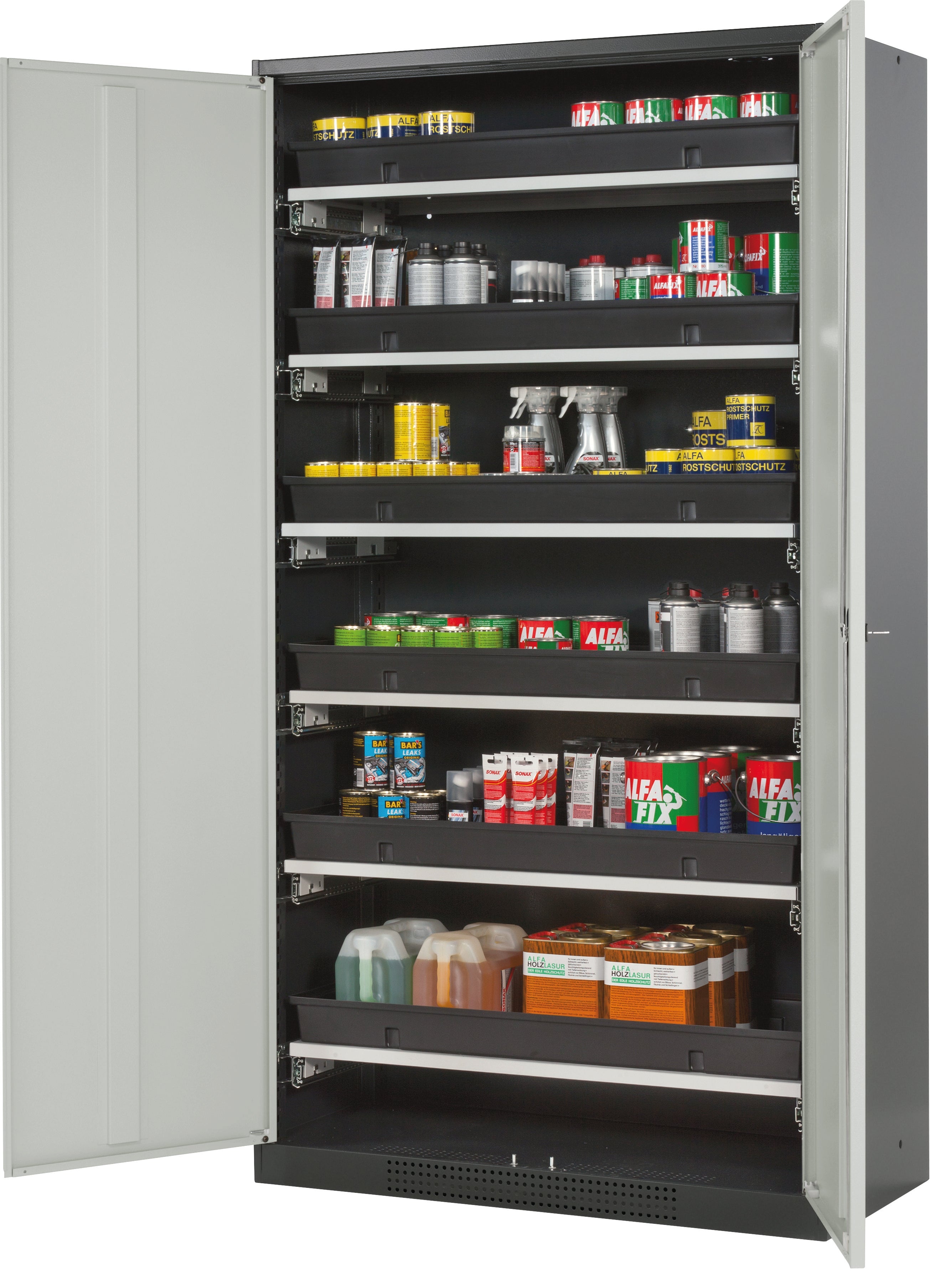 Chemical cabinet CS-CLASSIC model CS.195.105 in light gray RAL 7035 with 6x AbZ pull-out shelves (sheet steel/polypropylene)