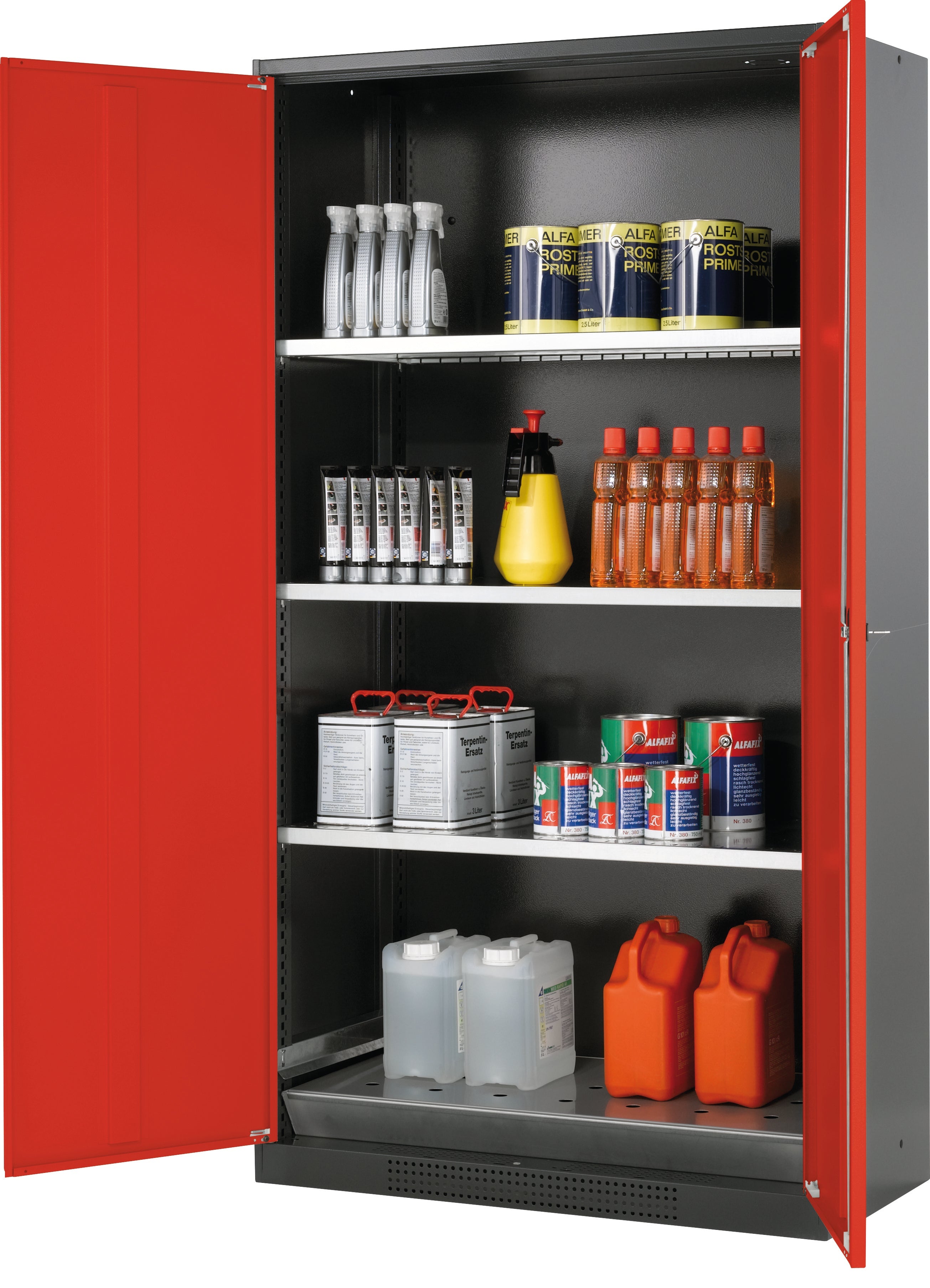 Chemical cabinet CS-CLASSIC model CS.195.105 in traffic red RAL 3020 with 3x standard shelves (sheet steel)