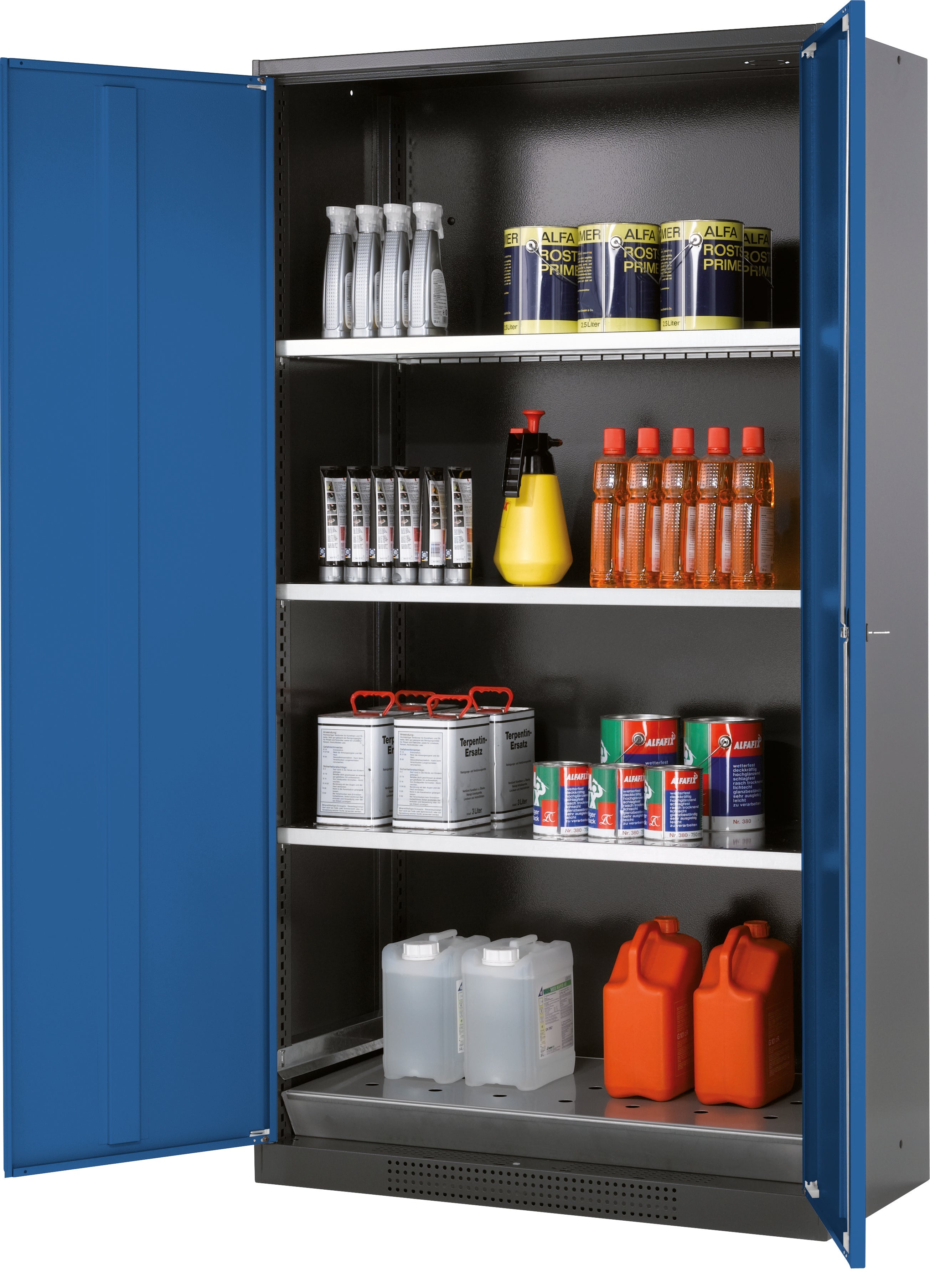 Chemical cabinet CS-CLASSIC model CS.195.105 in gentian blue RAL 5010 with 3x standard shelves (sheet steel)