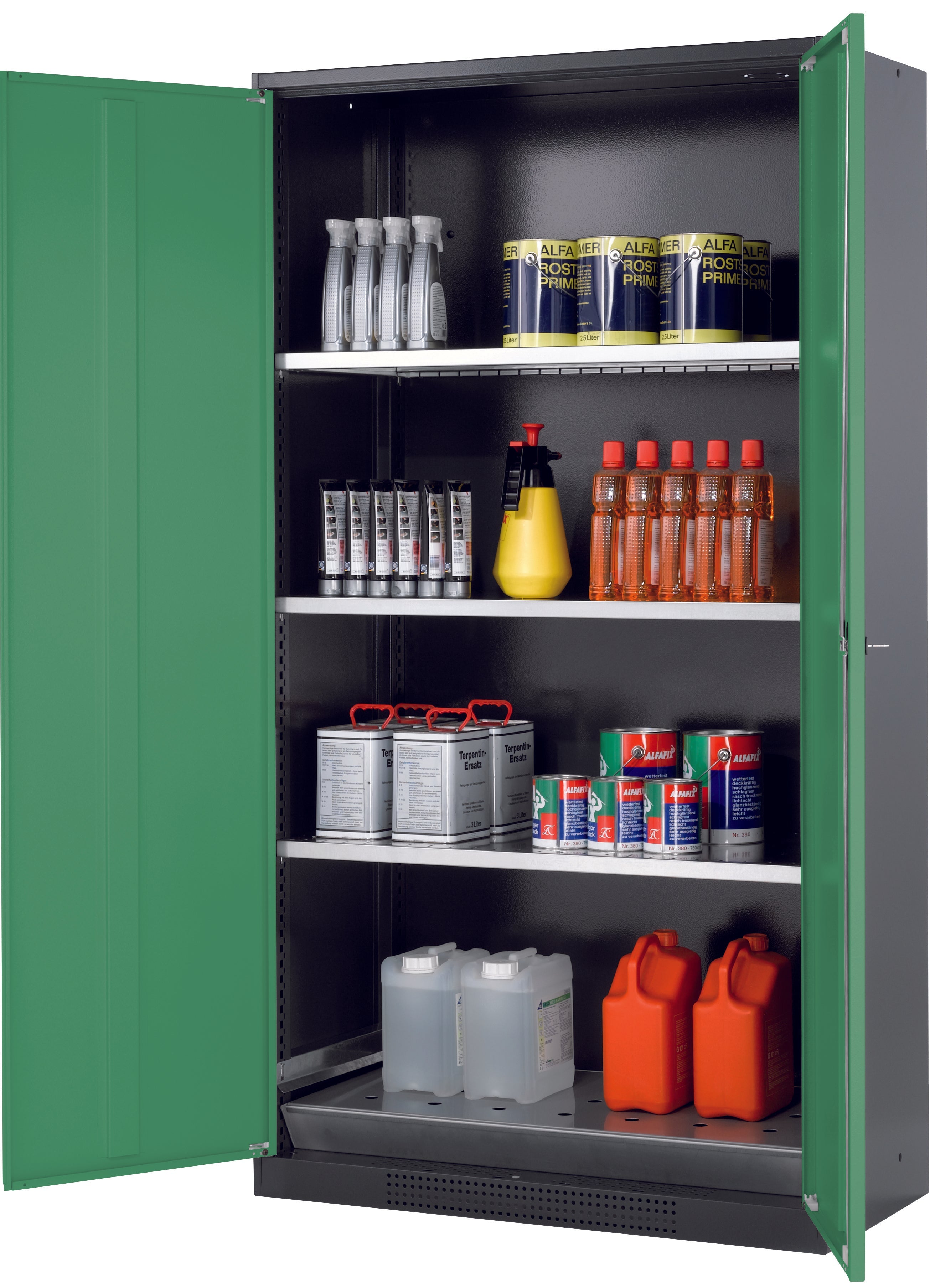 Chemical cabinet CS-CLASSIC model CS.195.105 in reseda green RAL 6011 with 3x standard shelves (sheet steel)
