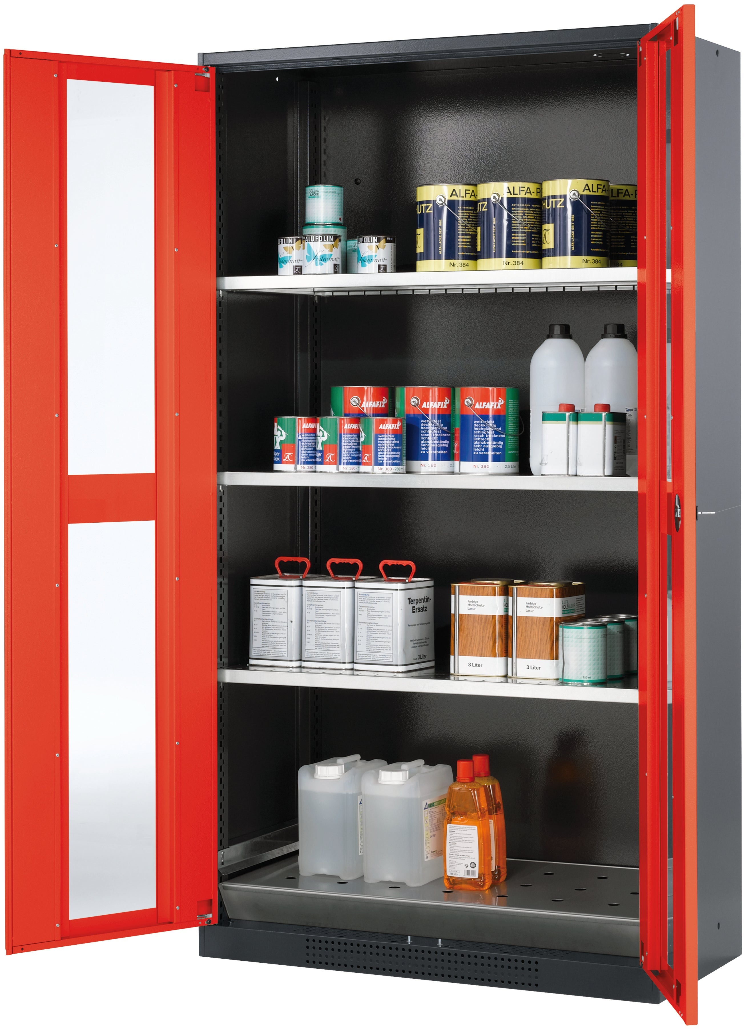 Chemical cabinet CS-CLASSIC-G model CS.195.105.WDFW in traffic red RAL 3020 with 3x standard shelves (sheet steel)