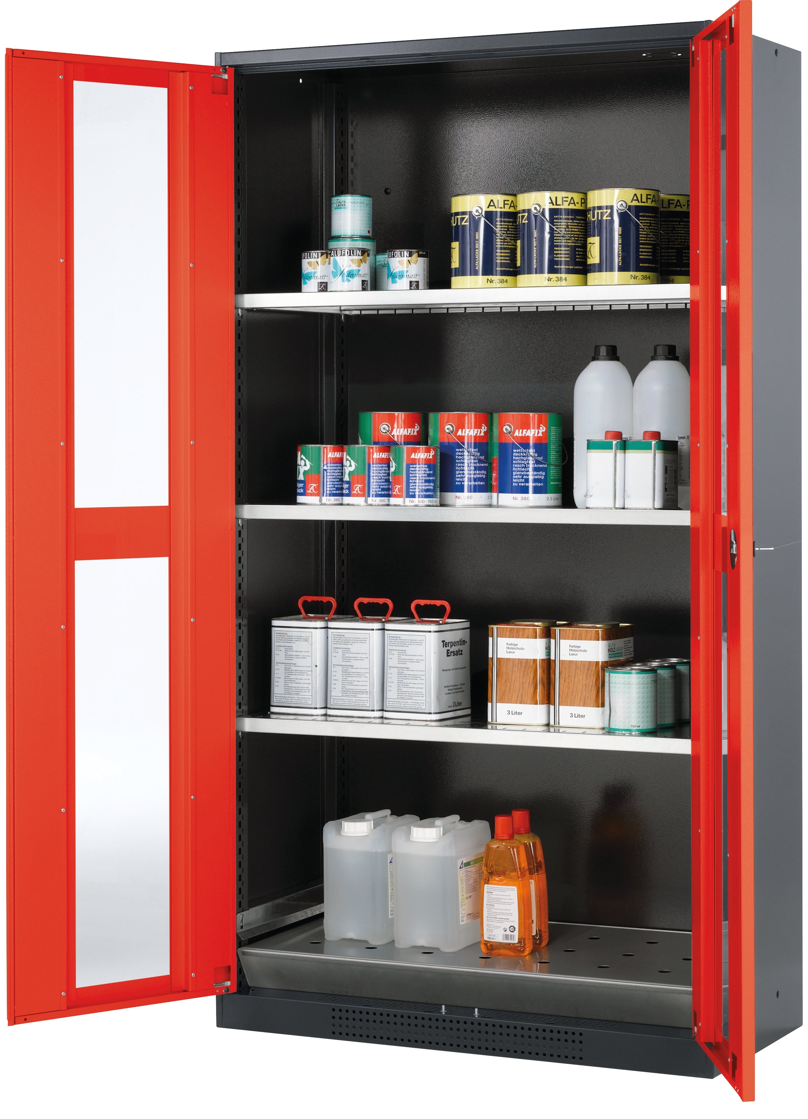 Chemical cabinet CS-CLASSIC-G model CS.195.105.WDFW in traffic red RAL 3020 with 3x standard shelves (sheet steel)