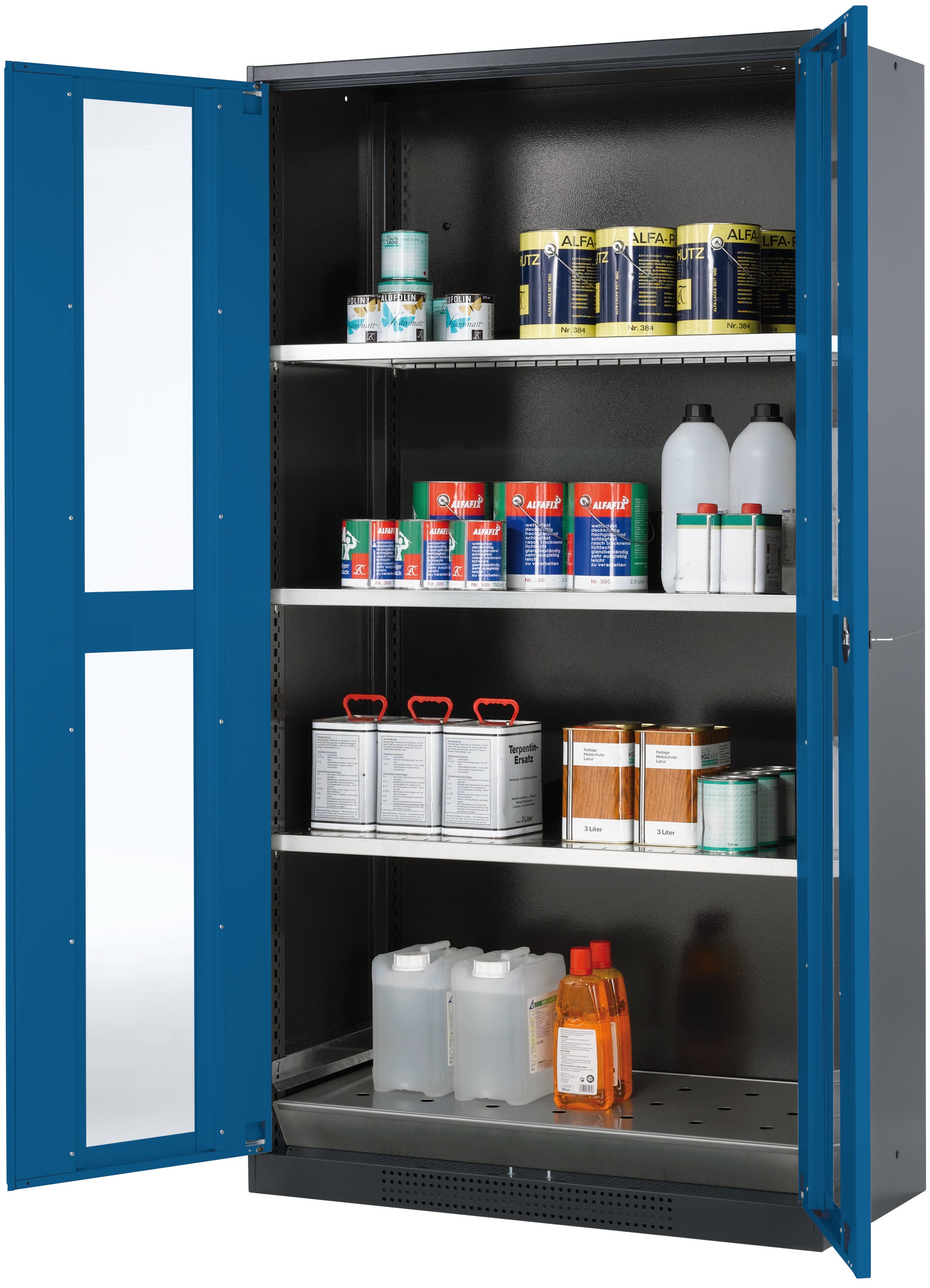 Chemical cabinet CS-CLASSIC-G model CS.195.105.WDFW in gentian blue RAL 5010 with 3x standard shelves (sheet steel)