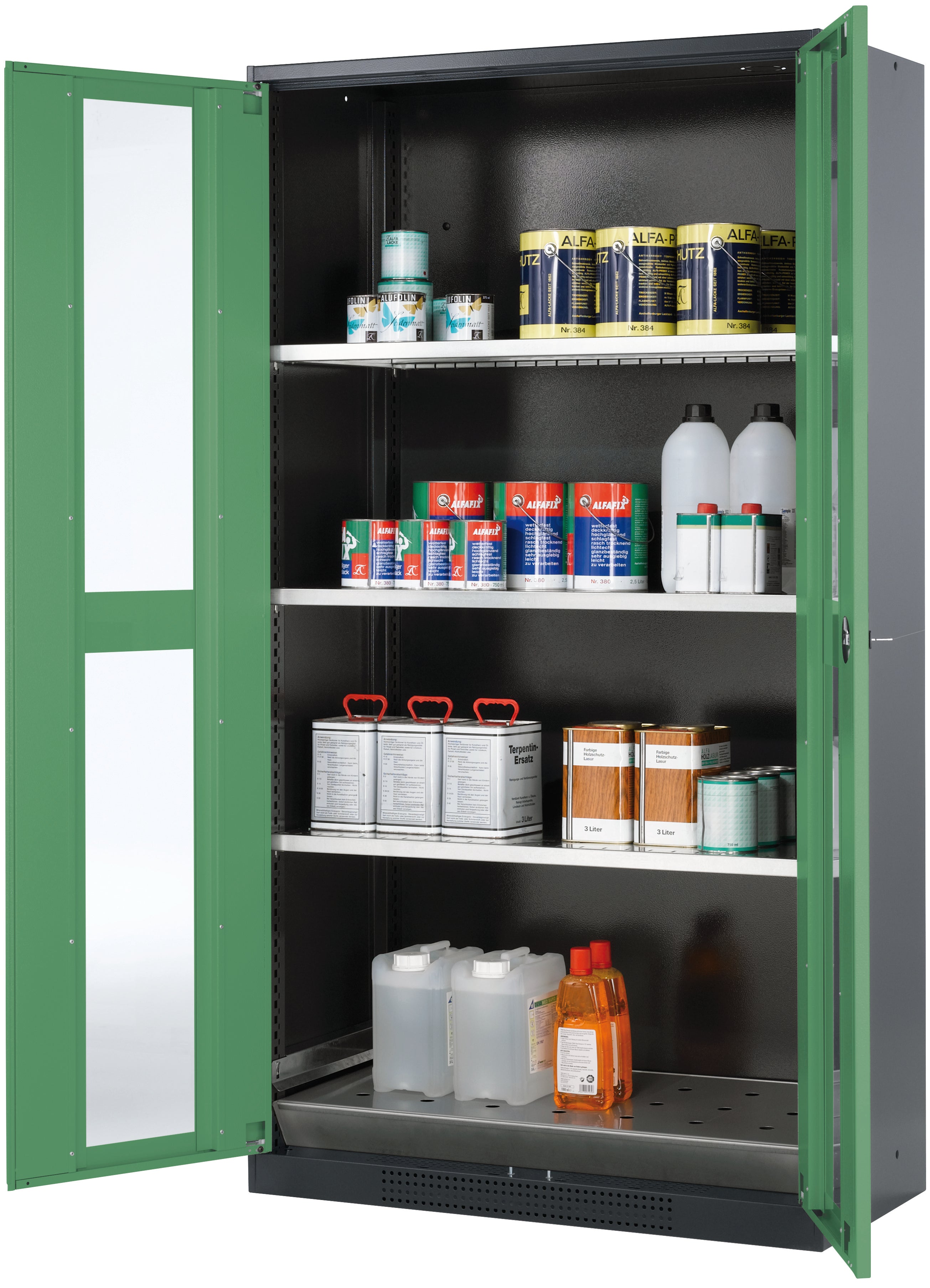 Chemical cabinet CS-CLASSIC-G model CS.195.105.WDFW in reseda green RAL 6011 with 3x standard shelves (sheet steel)