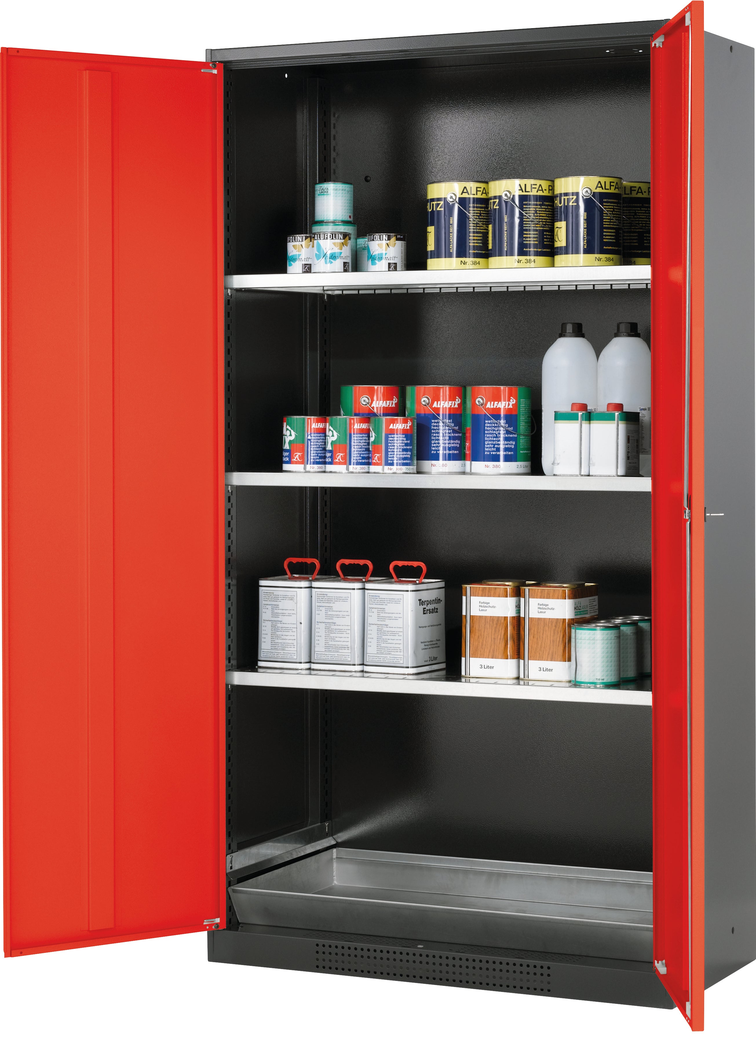 Chemical cabinet CS-CLASSIC model CS.195.105 in traffic red RAL 3020 with 3x standard shelves (sheet steel)