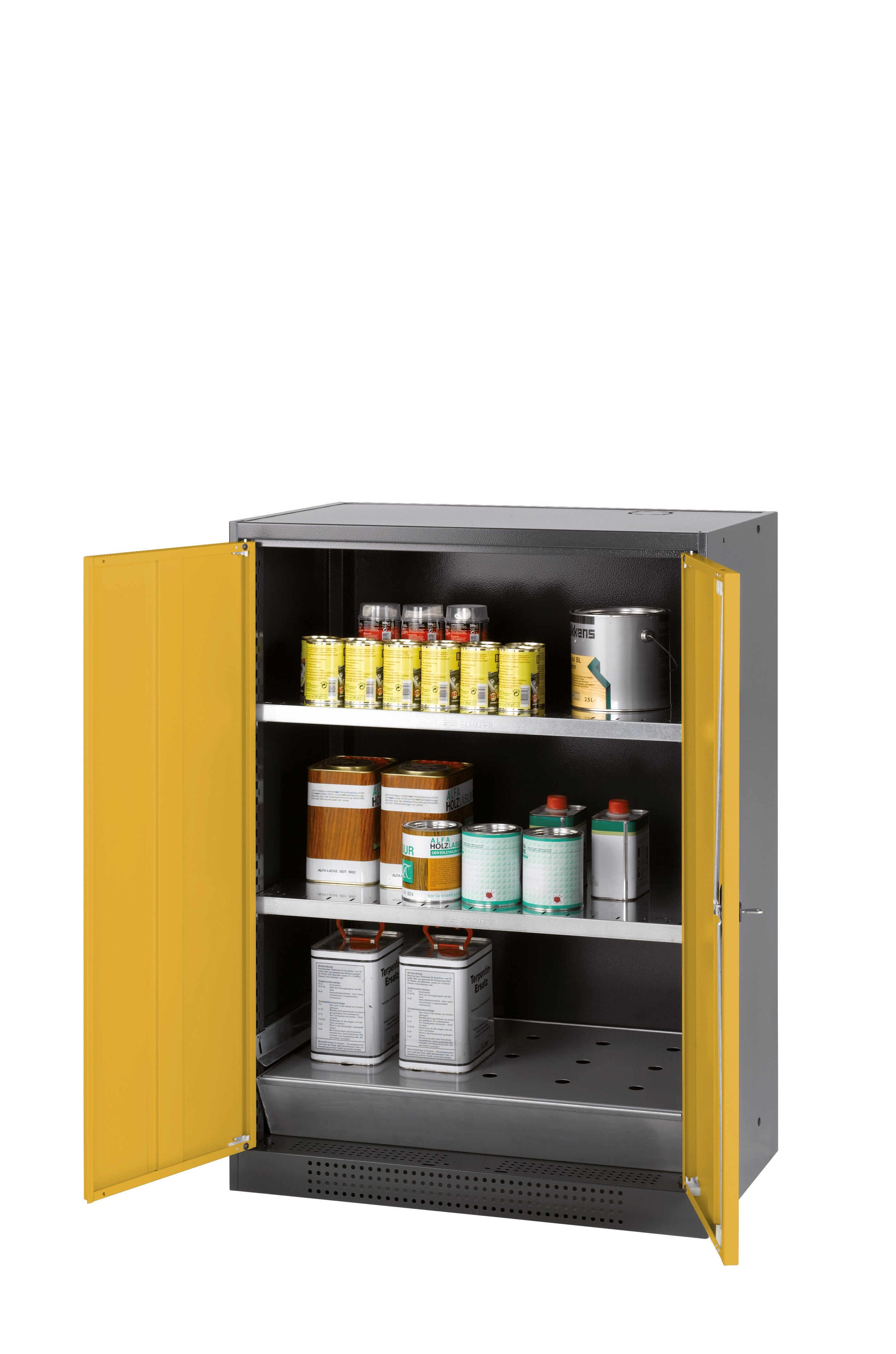 Armoire chimique CS-CLASSIC modèle CS.110.081 en jaune sécurité RAL 1004 avec 2x étagères standard (tôle d'acier)