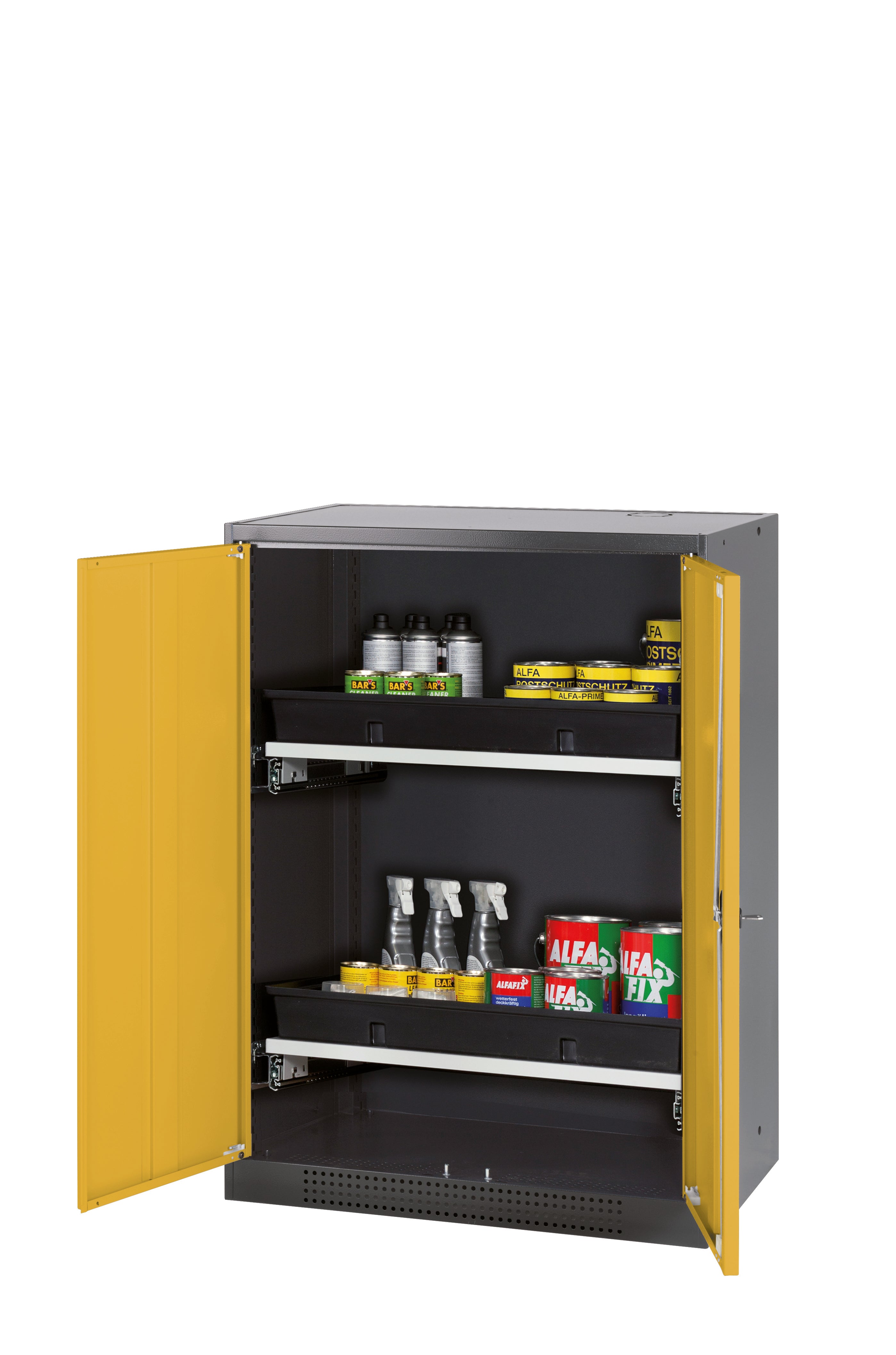 Chemical cabinet CS-CLASSIC model CS.110.081 in safety yellow RAL 1004 with 2x AbZ pull-out shelves (sheet steel/polypropylene)