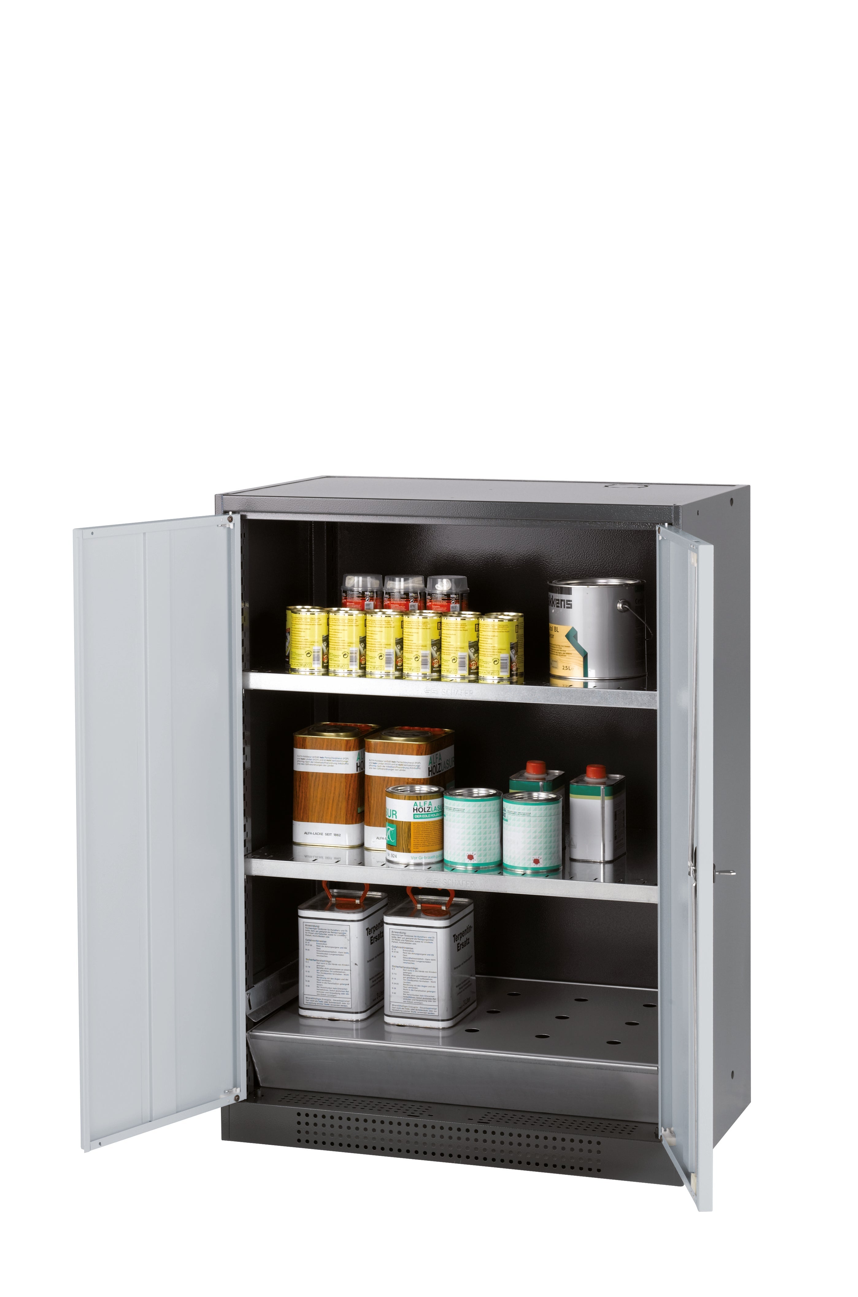 Chemical cabinet CS-CLASSIC model CS.110.081 in light gray RAL 7035 with 2x standard shelves (sheet steel)