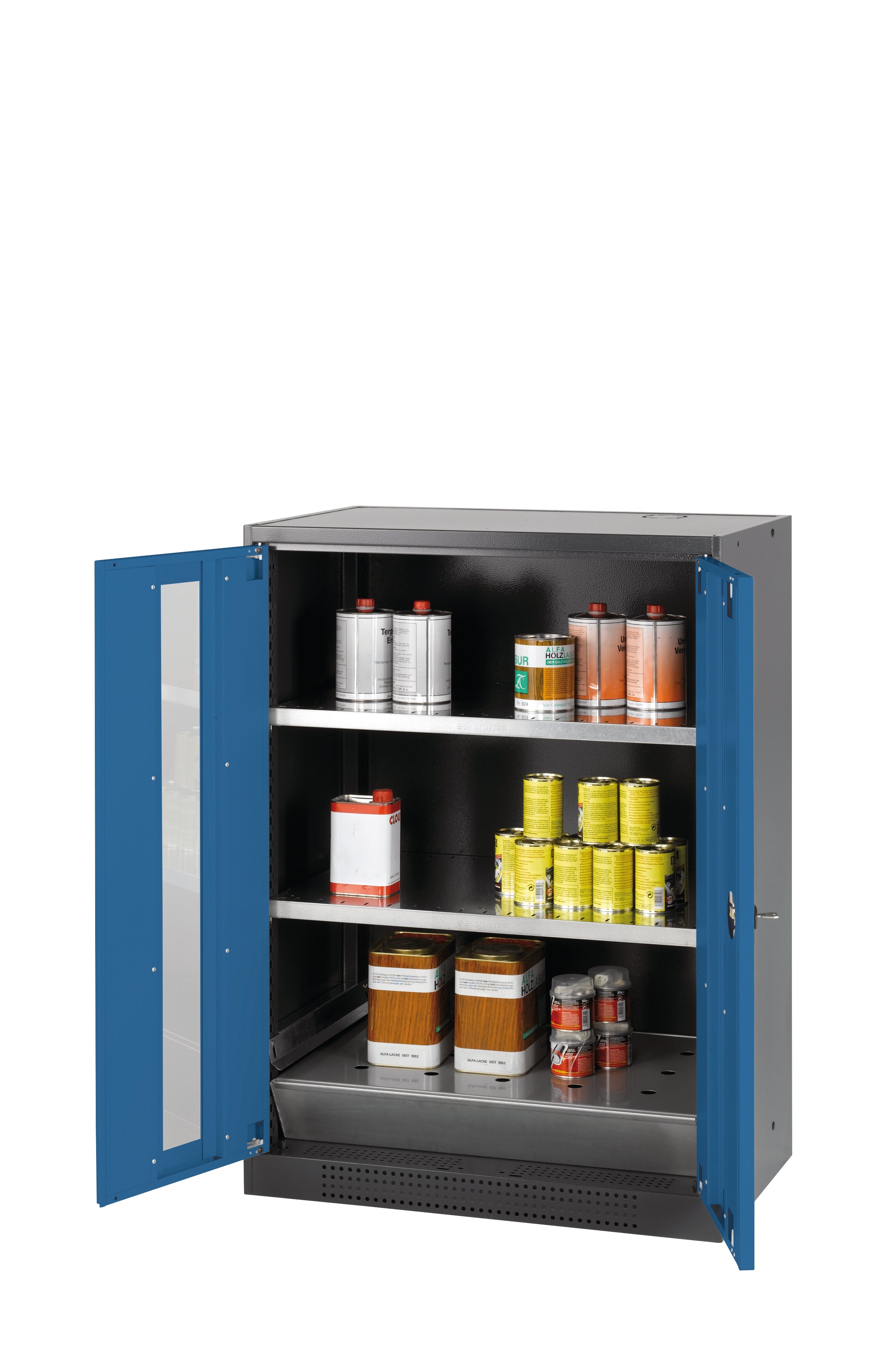 Chemical cabinet CS-CLASSIC-G model CS.110.081.WDFW in gentian blue RAL 5010 with 2x standard shelves (sheet steel)