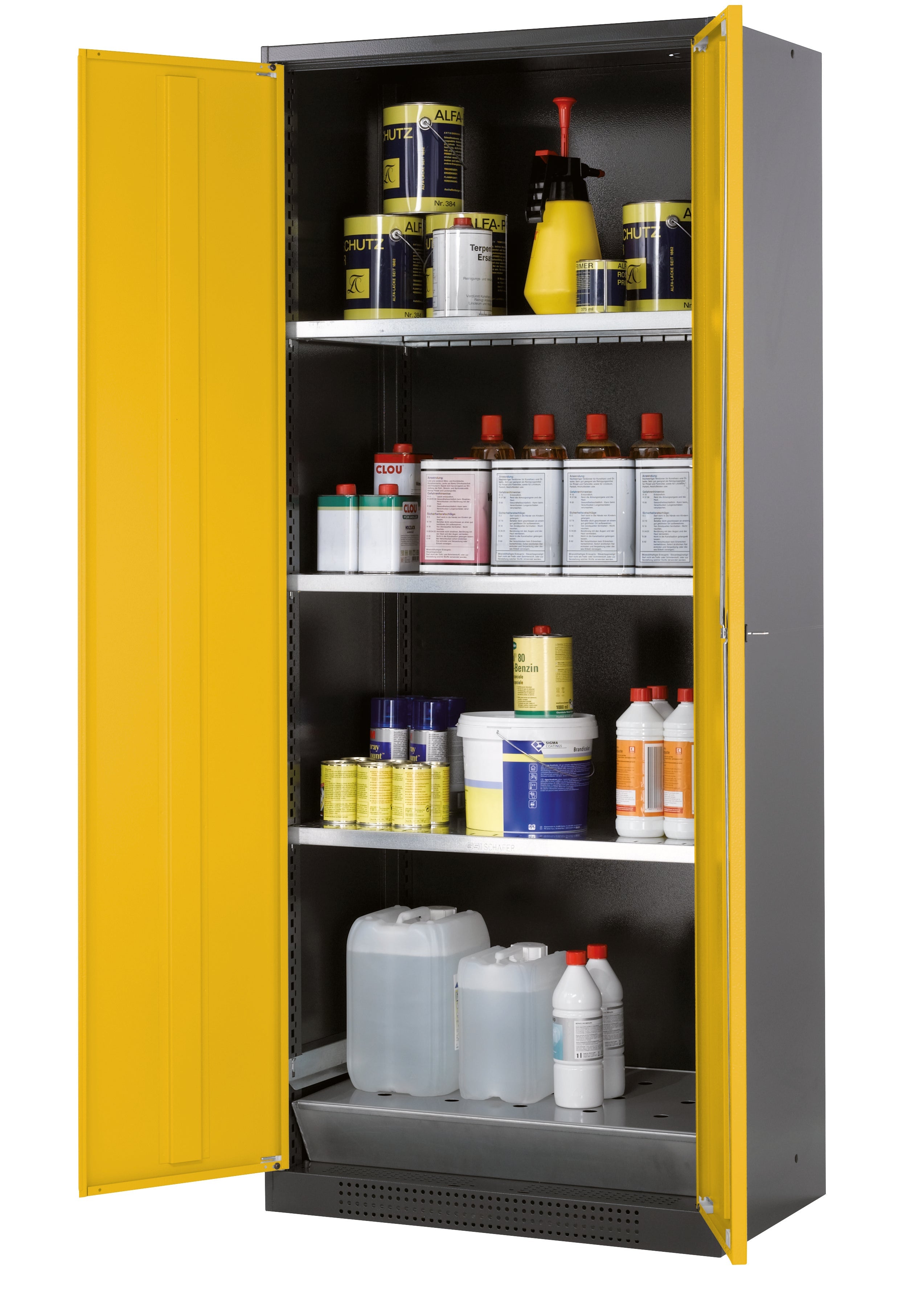 Armoire chimique CS-CLASSIC modèle CS.195.081 en jaune sécurité RAL 1004 avec 3x étagères standard (tôle d'acier)
