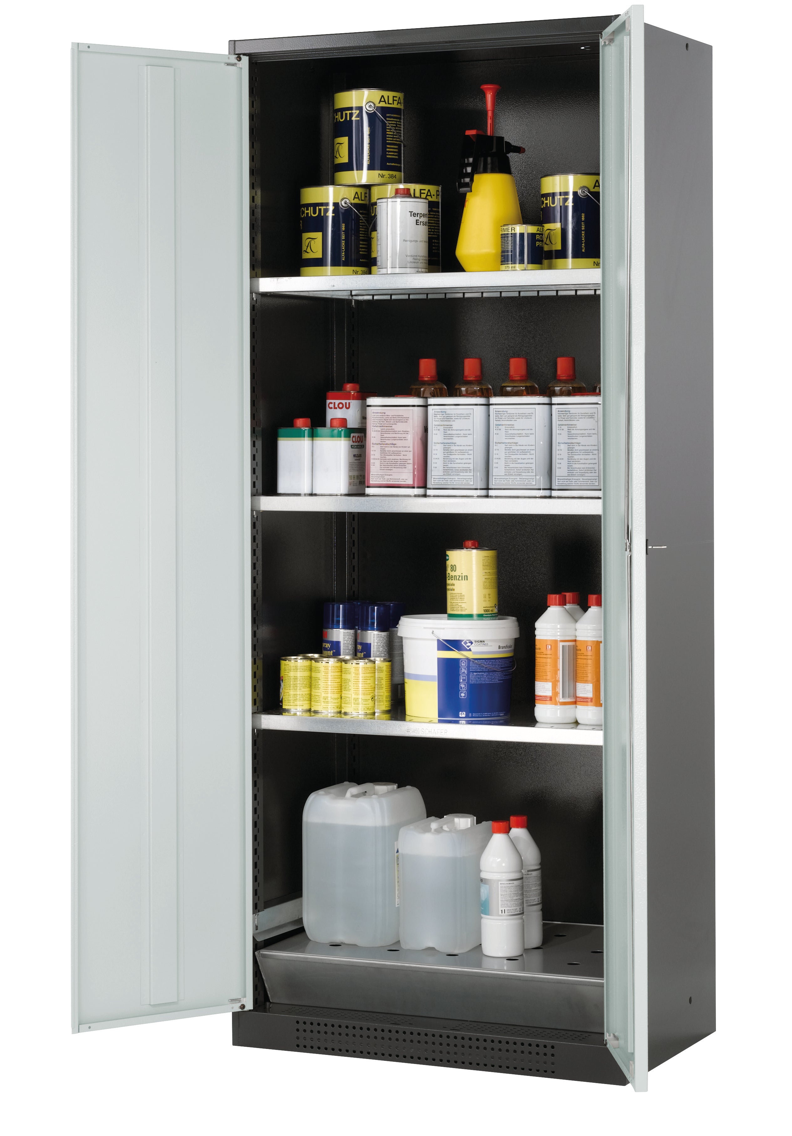 Chemical cabinet CS-CLASSIC model CS.195.081 in light gray RAL 7035 with 3x standard shelves (sheet steel)