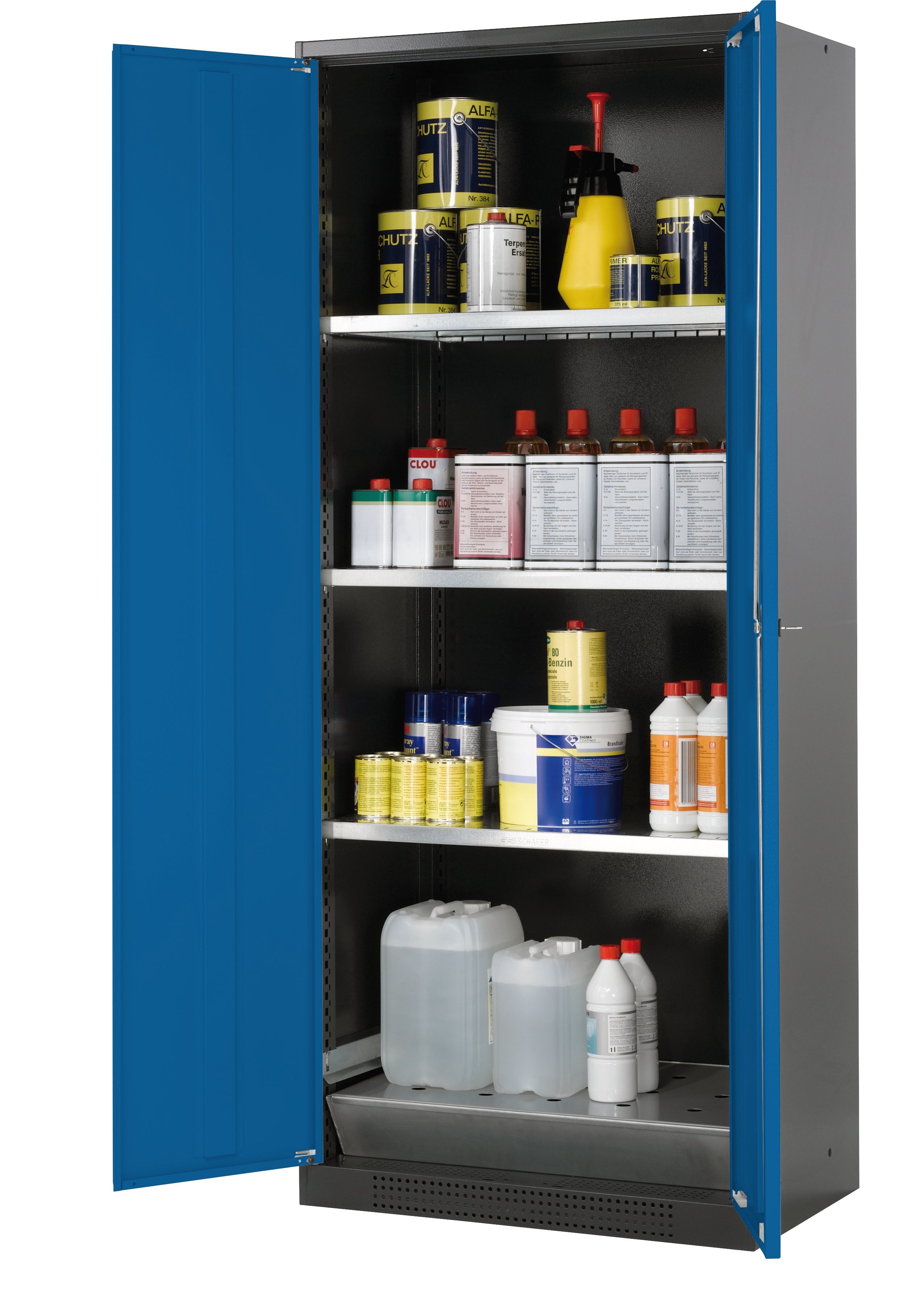 Chemical cabinet CS-CLASSIC model CS.195.081 in gentian blue RAL 5010 with 3x standard shelves (sheet steel)
