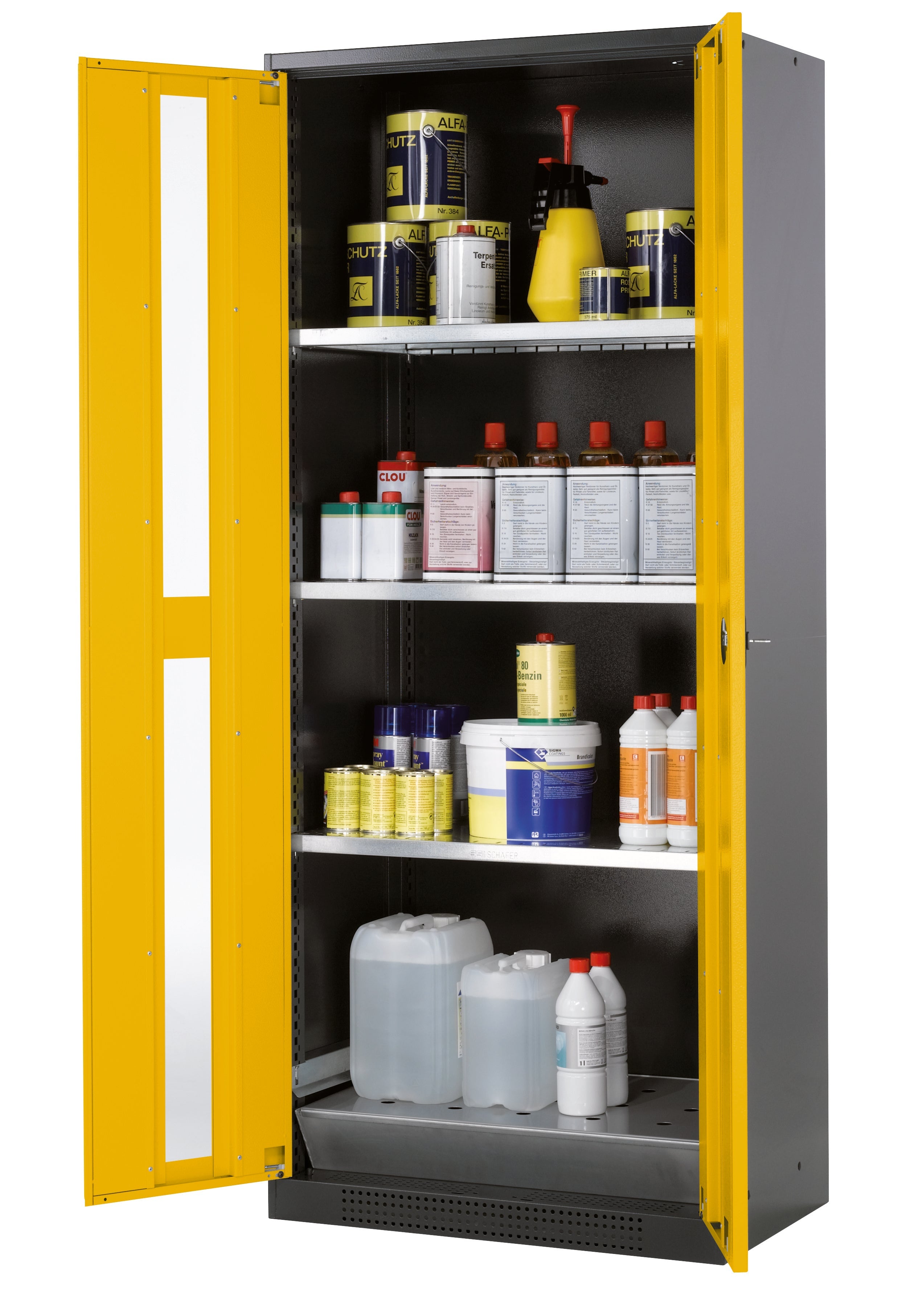 Armoire chimique CS-CLASSIC-G modèle CS.195.081.WDFW en jaune de sécurité RAL 1004 avec 3x étagères standard (tôle d'acier)