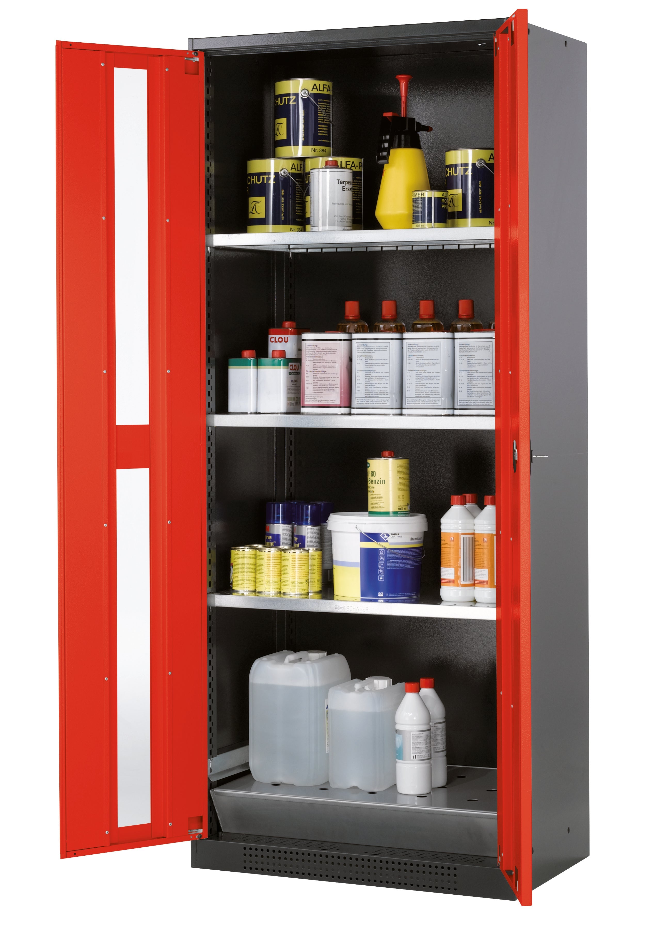 Chemical cabinet CS-CLASSIC-G model CS.195.081.WDFW in traffic red RAL 3020 with 3x standard shelves (sheet steel)